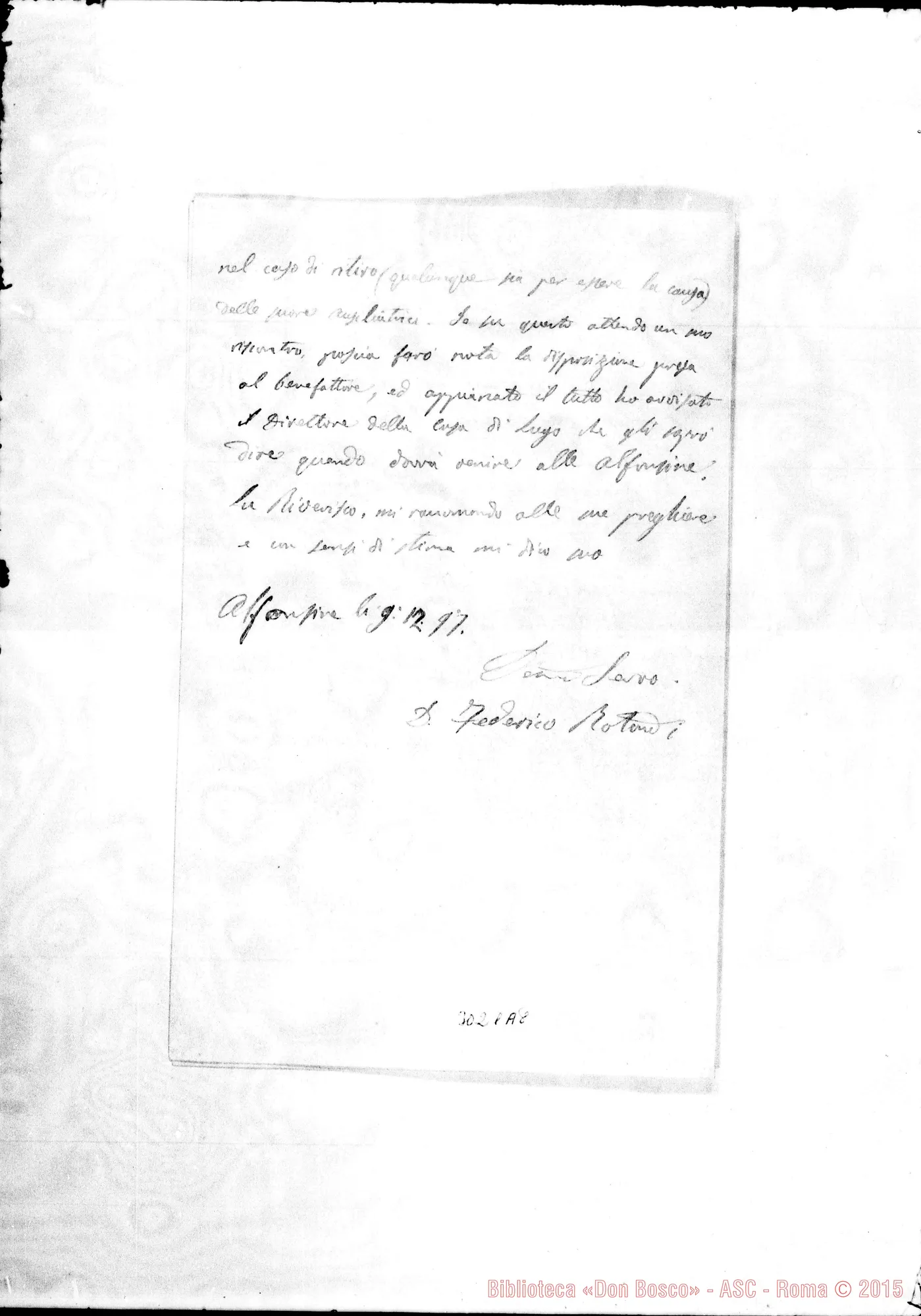 Fotogramma A 8 — Alfonsine: Federico D. Rotondi - Rev.do Signore. Die. 1897.