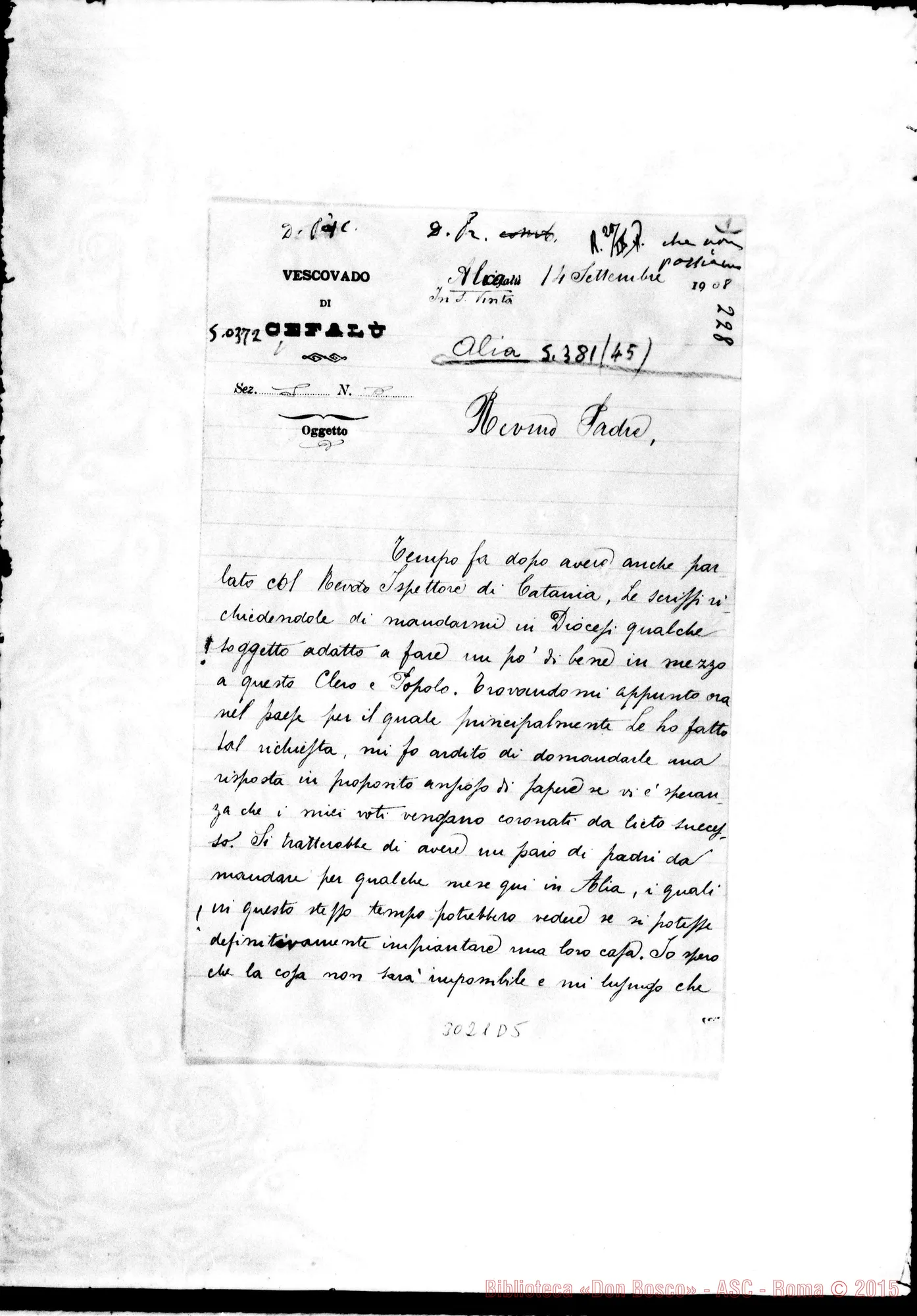 Fotogramma D 5 — Alia: Fr. Anseimo Sansoni, vesc. di Cefalù - Rev.mo Padre. Sett.1908. Autogr. Rua