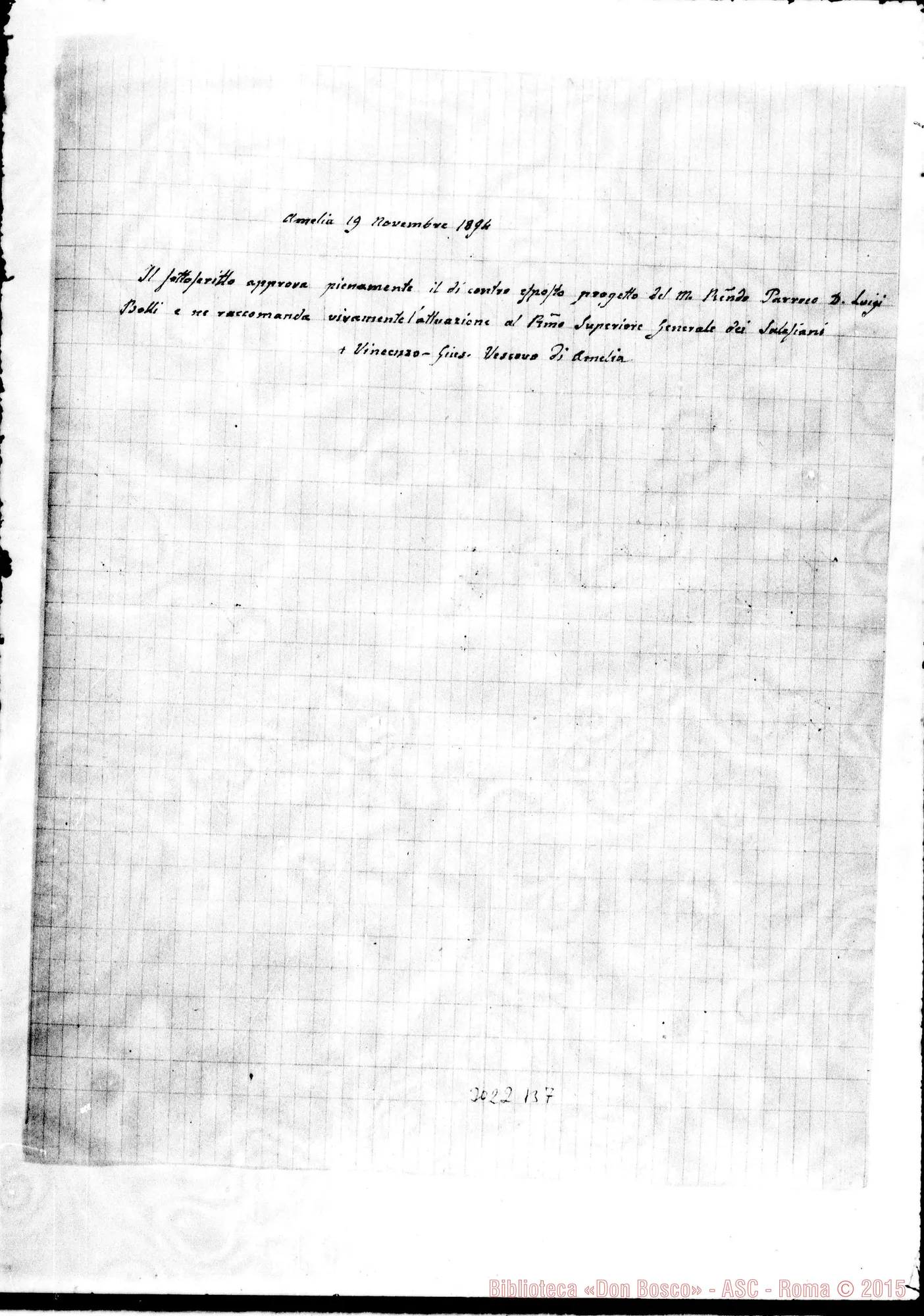 Fotogramma B 7 — Bolli D. Luigi, parroco - D. Rua, con postilla del vesc. di Amelia Mons. V.G. Veneri. 19-11-1894, con allegati