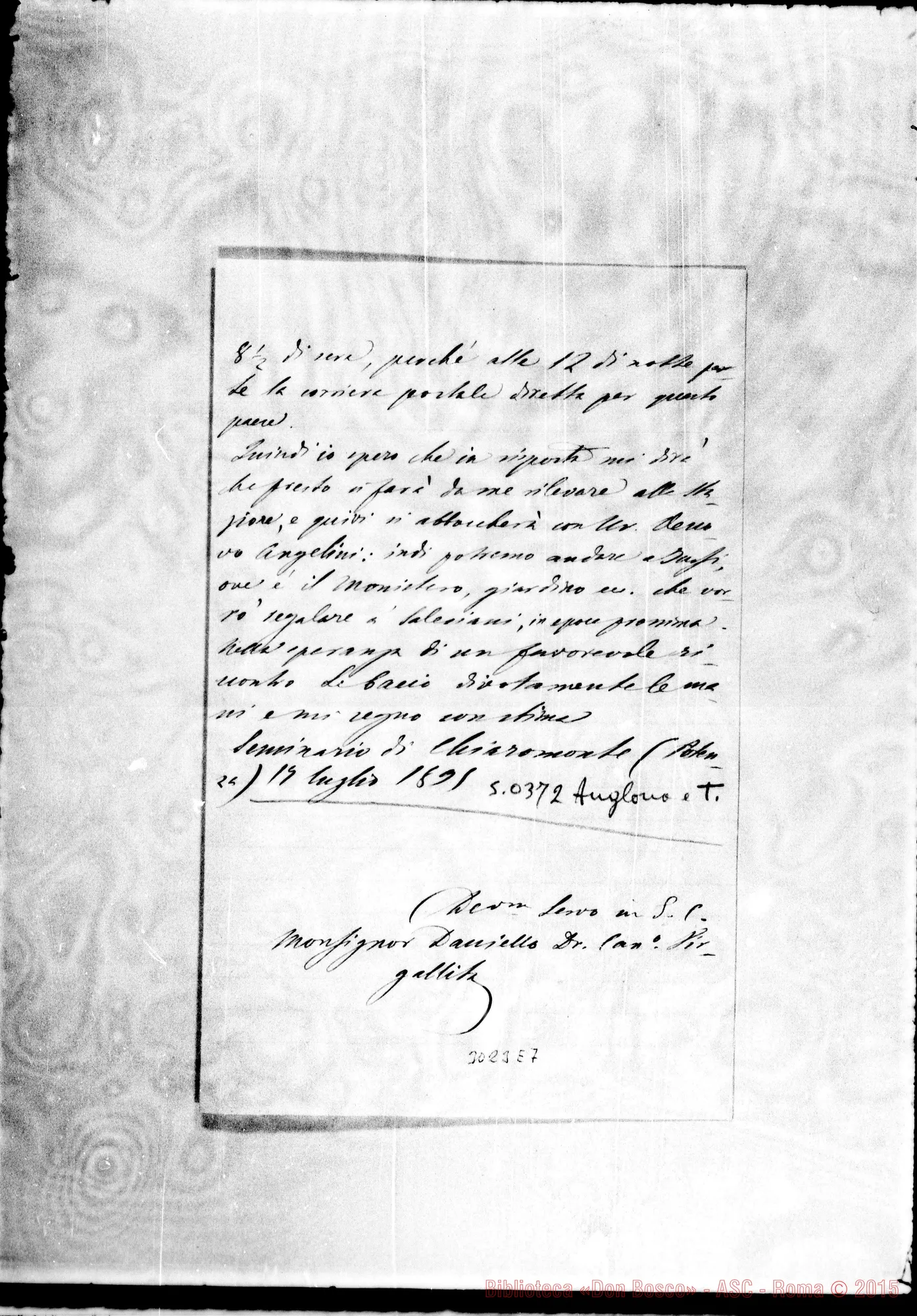 Fotogramma E 7 — Can. Daniello Virgallita - Rev. Signore. Seminario Chiaromonte, 17-07-1895
