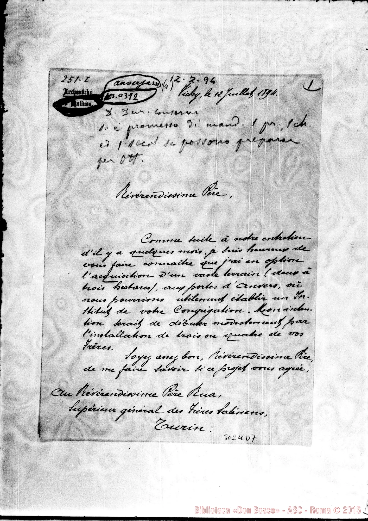 Fotogramma D 7 — Anversa: Card. Goossen Pietro Lamberto - D. Rua. Lug.1894. Autogr. Rua