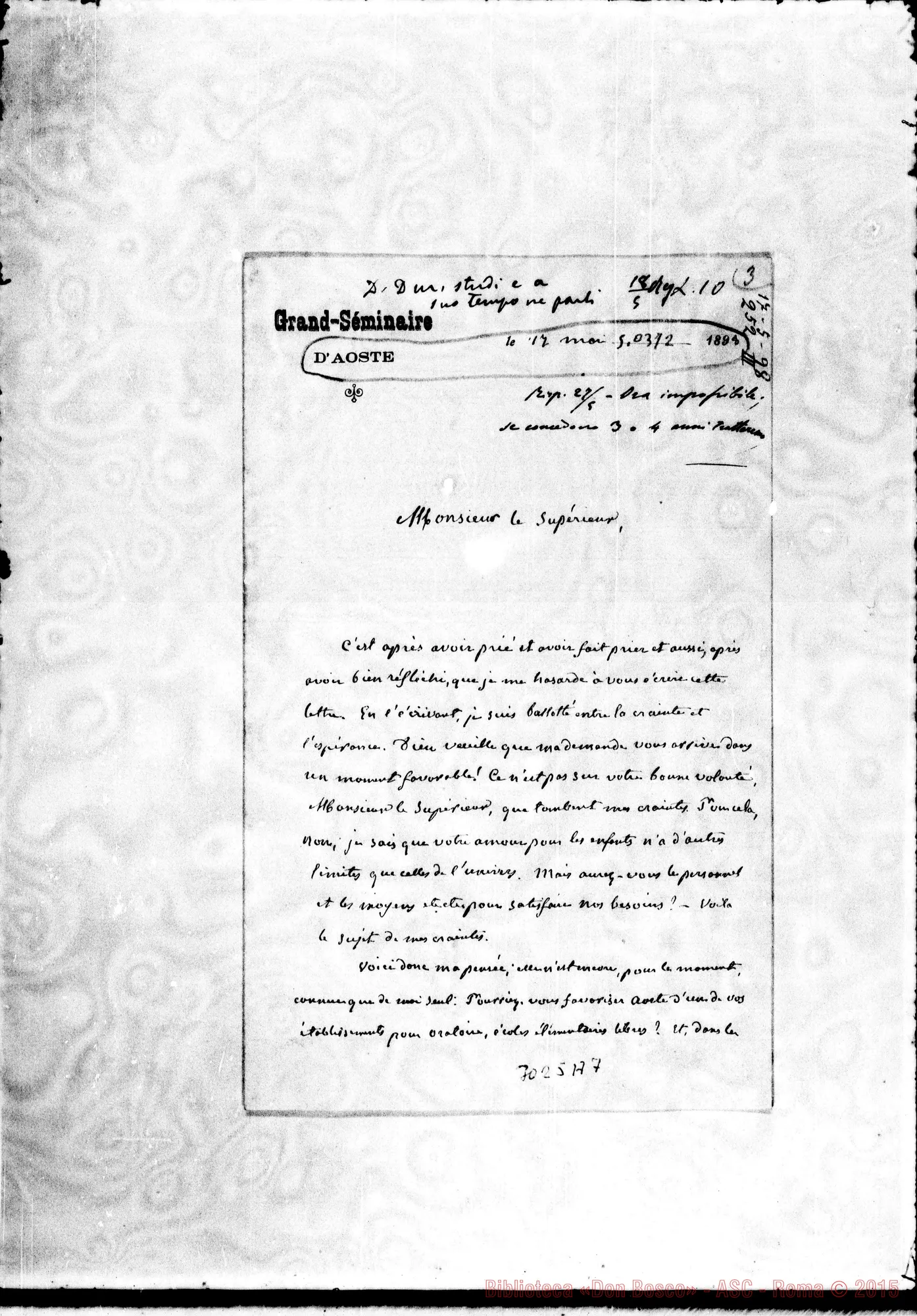 Fotogramma A 7 — Canonico Béthay - D. Rua. Aosta, 17-05-1898. Autogr. Rua
