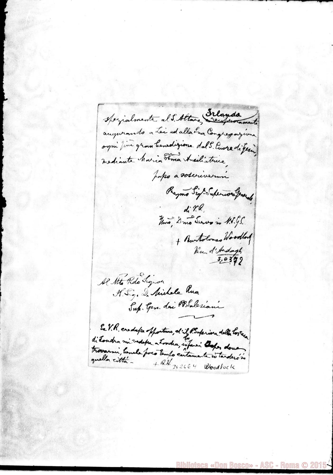 Fotogramma E 4 — Ardagh: Bartolomeo Woodlock, vesc. di Ardagh - D. Rua. Mag. 1890. Autogr. Rua