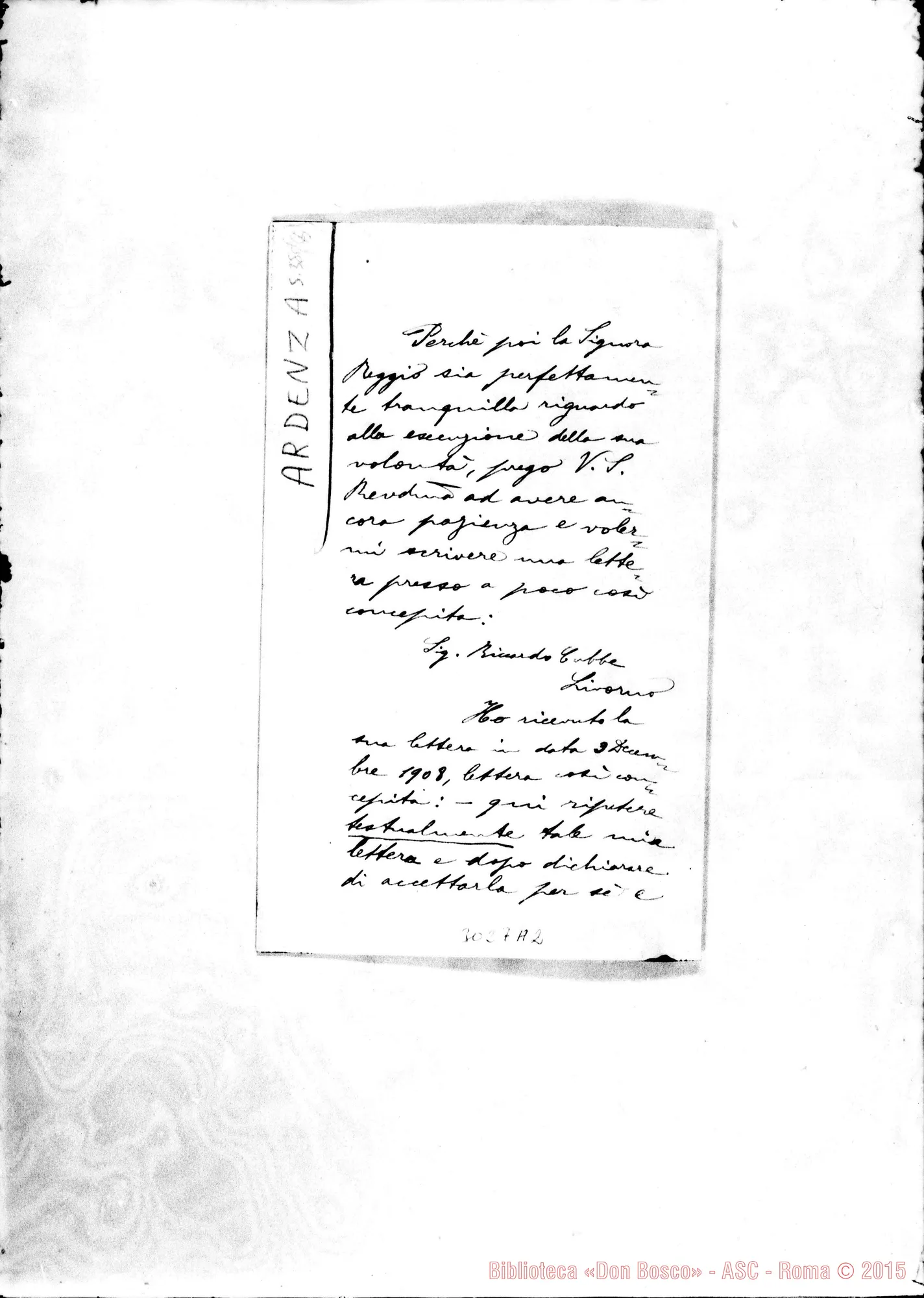 Fotogramma A 2 — Riccardo D. Cubbe - D. Rua. Ardenza, 24-12-1908. Autogr. Rua