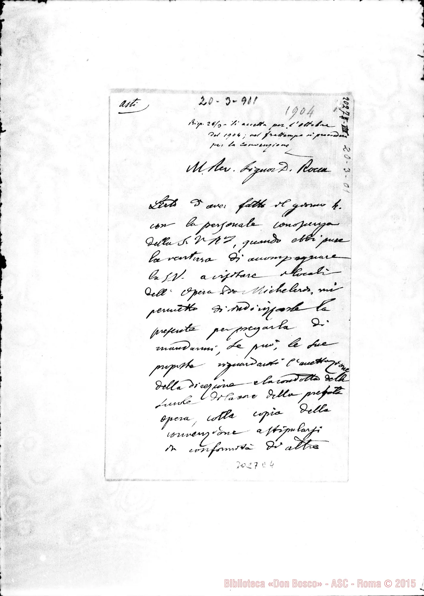 Fotogramma E 4 — Lettera A D. Rua con postilla del can. Gamba Giuseppe. 20-03-1901