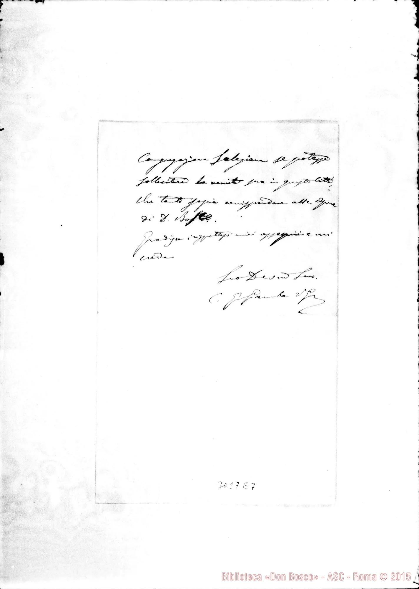 Fotogramma E 7 — Lettera A D. Rua con postilla del can. Gamba Giuseppe. 20-03-1901