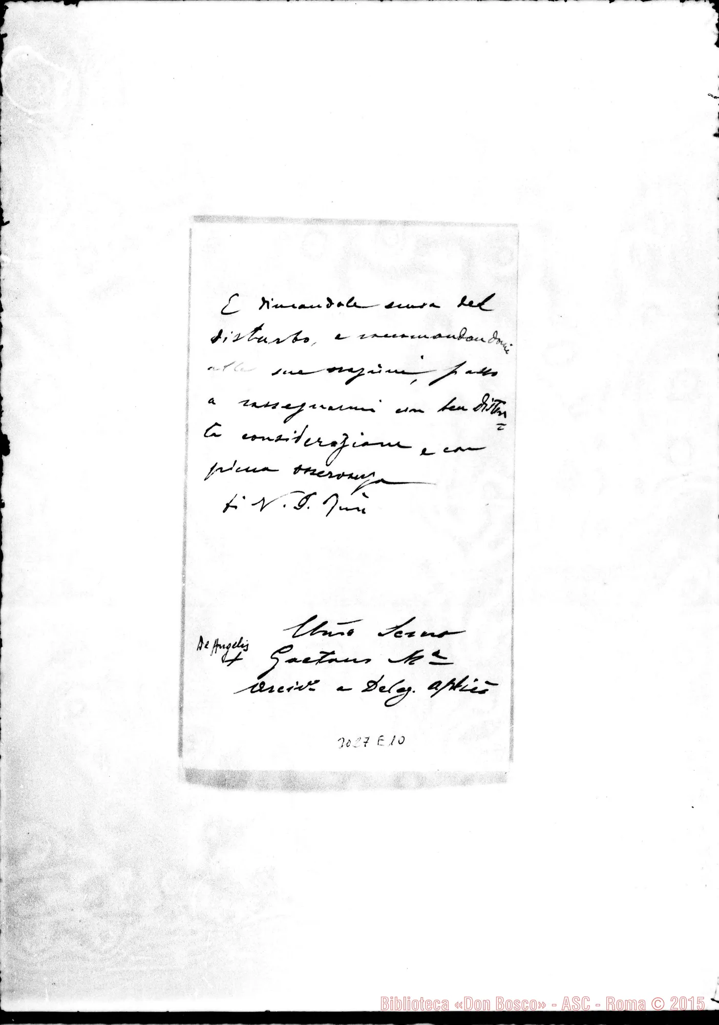 Fotogramma E 10 — Atene: De Angelis Gaetano, arciv. E vicario ap. - Rev.mo Signore. Atene, 1898