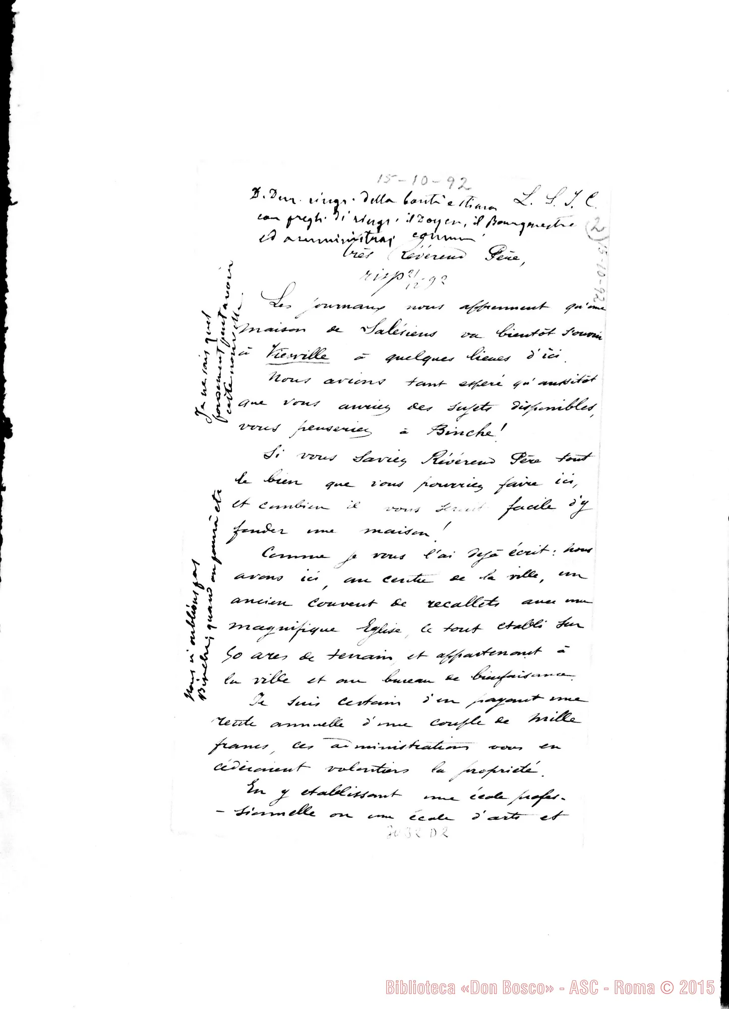 Fotogramma D 2 — Meunier - Révérend Père. Binche, 19-12-1892. Autografi Rua