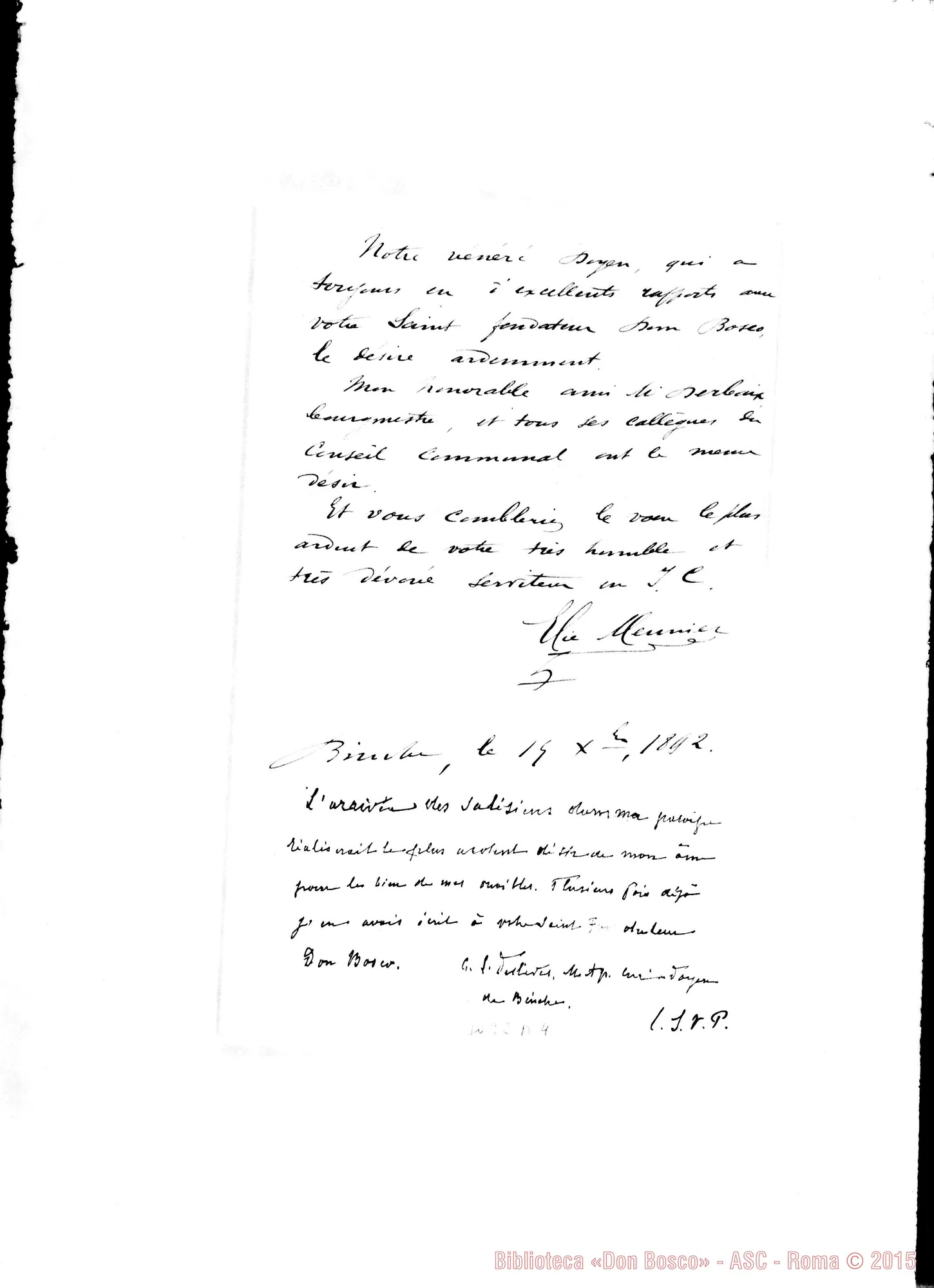 Fotogramma D 4 — Meunier - Révérend Père. Binche, 19-12-1892. Autografi Rua