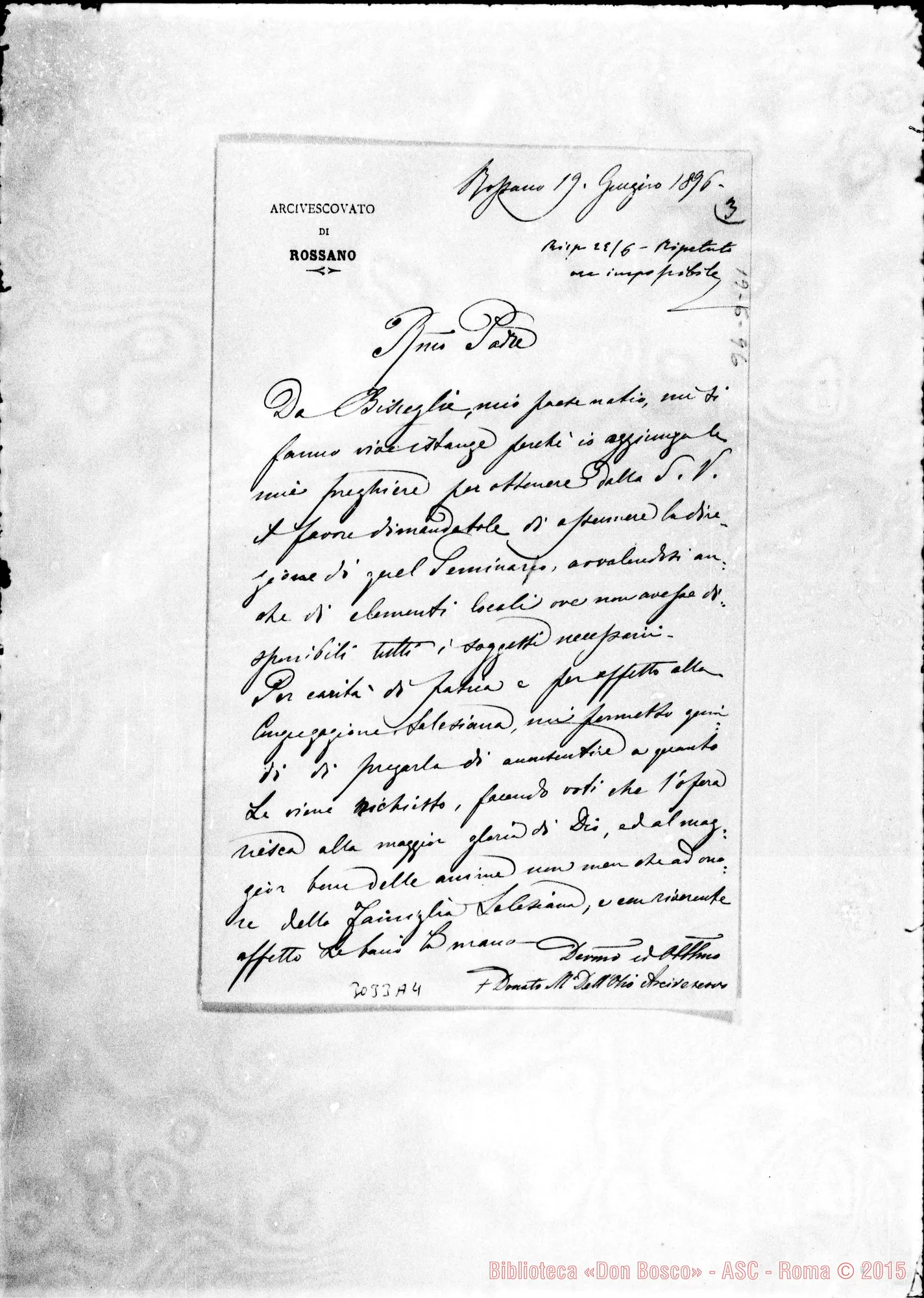 Fotogramma A 4 — Donato Maria deirOlio, arciv. di Rossano - D. Rua. Giù. 1896