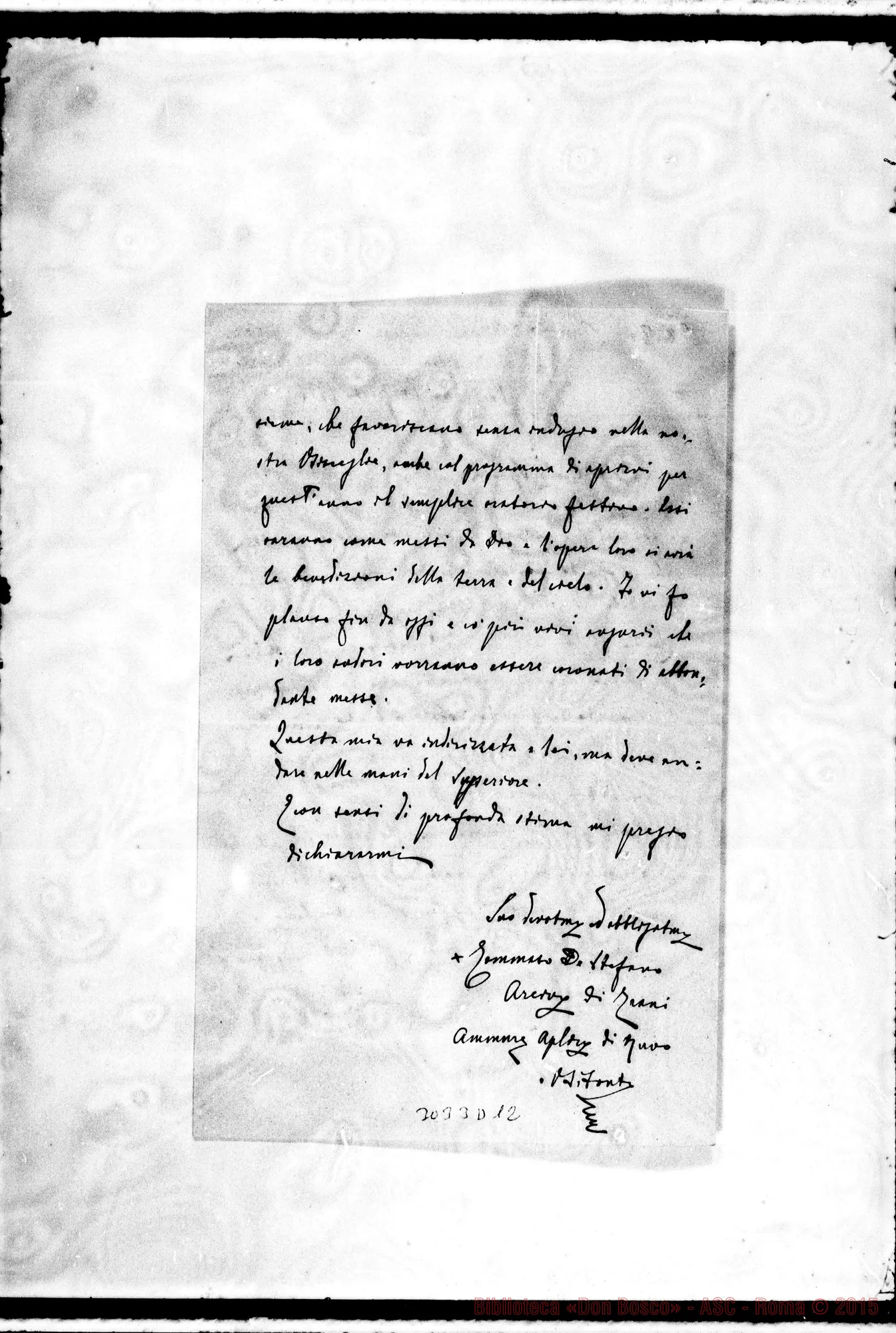 Fotogramma D 12 — Tommaso De Stefano, arciv. di Trani - Rev.do Signore. Bitonto, 10-08-1898