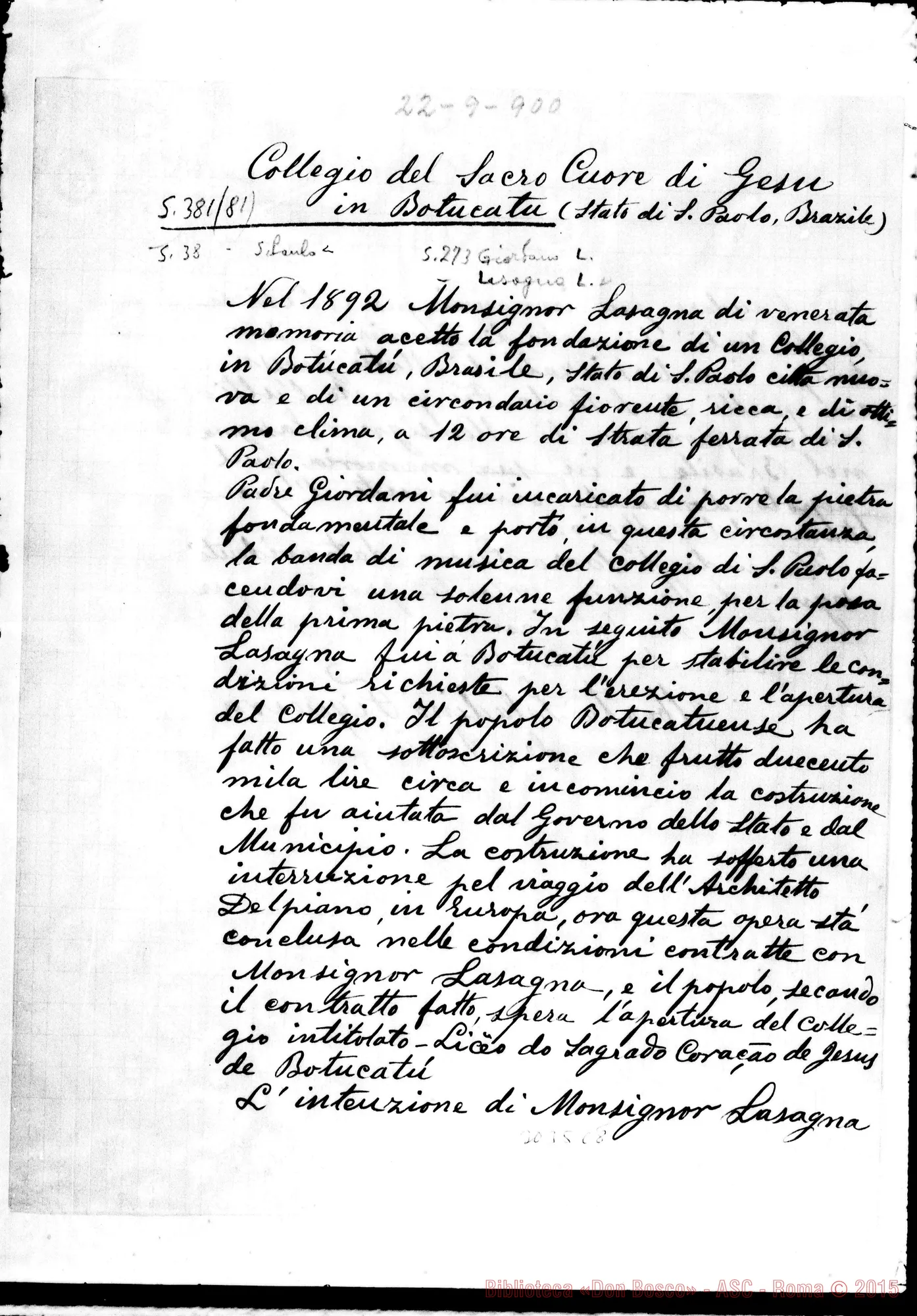 Fotogramma C 8 — Botucatu: Notizie sul Collegio del S. Cuore di Gesù in Botucatu. Anno 1900