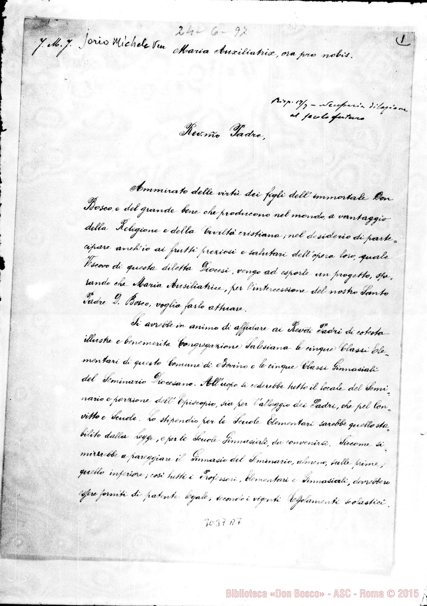 Fotogramma A 7 — Bovino: Jorio Michele, vesc. di Bovino - Rev.mo Padre. Bovino, 24-06-1897