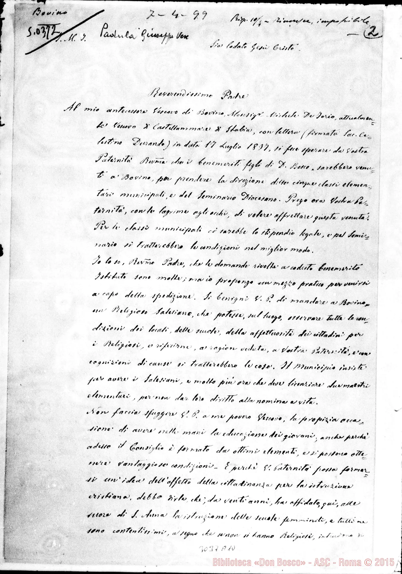 Fotogramma A 10 — Giuseppe Padula, vesc. di Bovino - D. Rua. Bovino, 7-04-1899