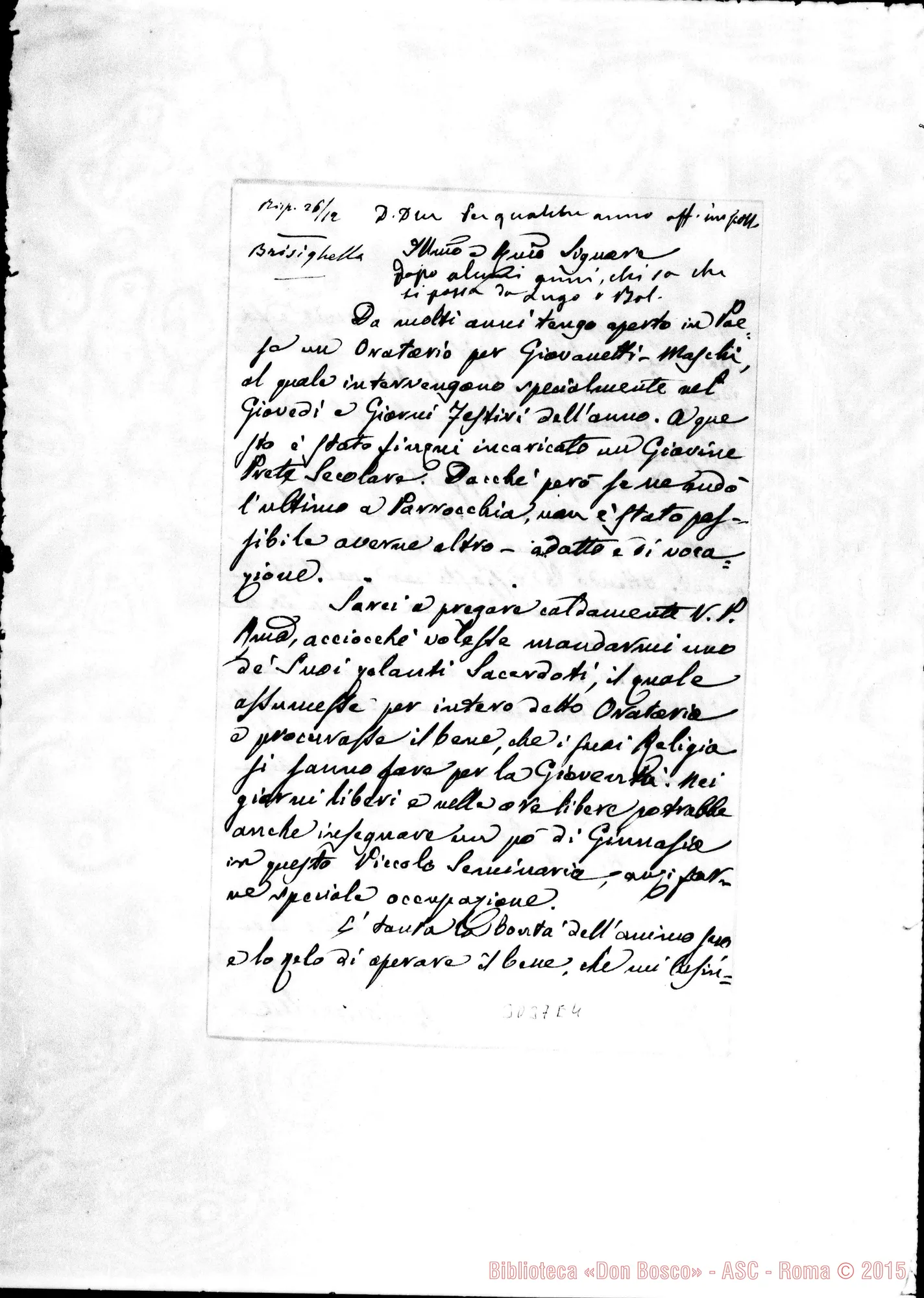 Fotogramma E 4 — Brisighella: D. Antonio Casanova, arciprete - D. Rua. Die. 1897. Autografo Rua