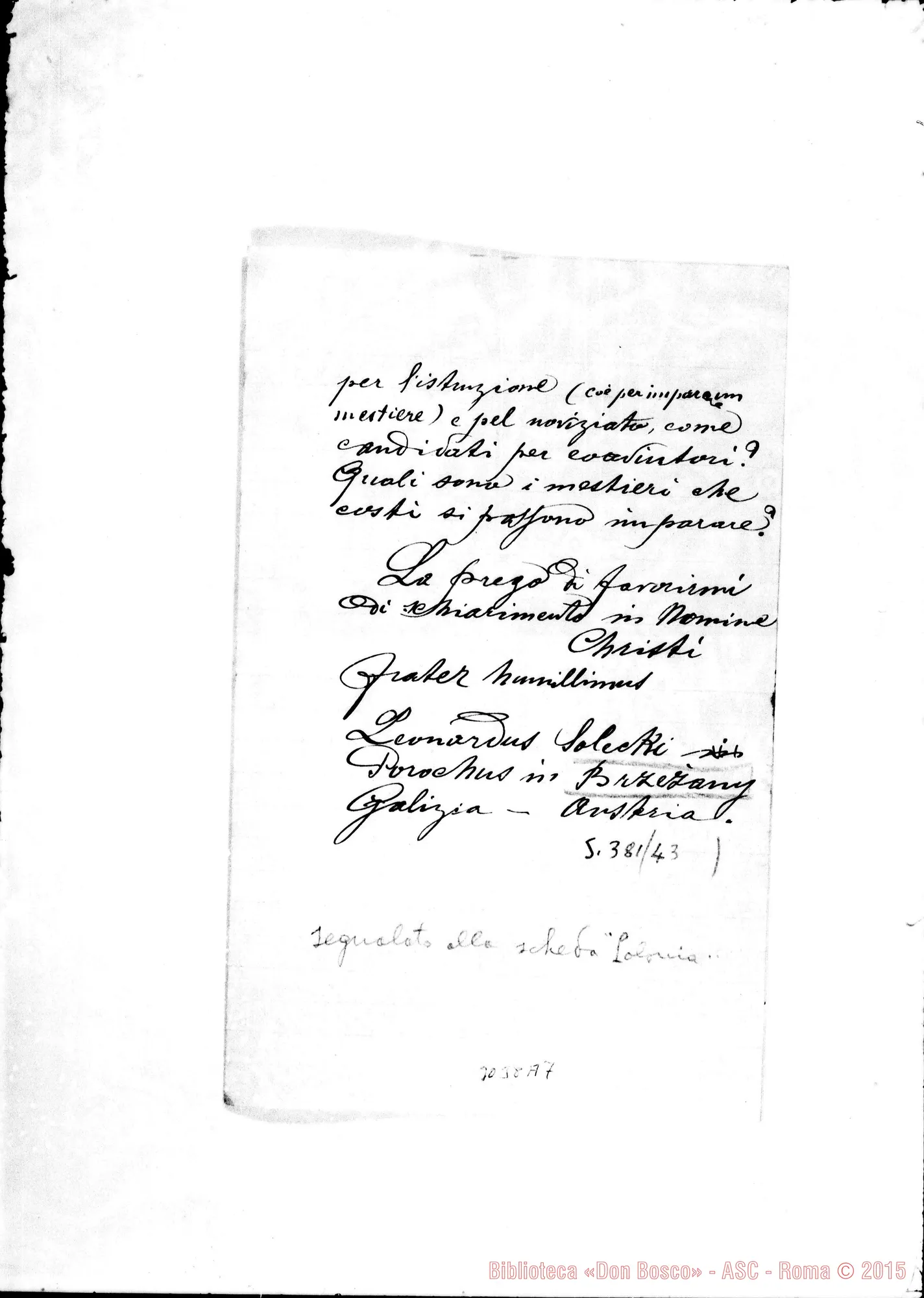 Fotogramma A 7 — Brzezany: Leonardus Solecki, parroco - Rev.mo Signore. Austria, 22-08-1894. Autogr. Rua