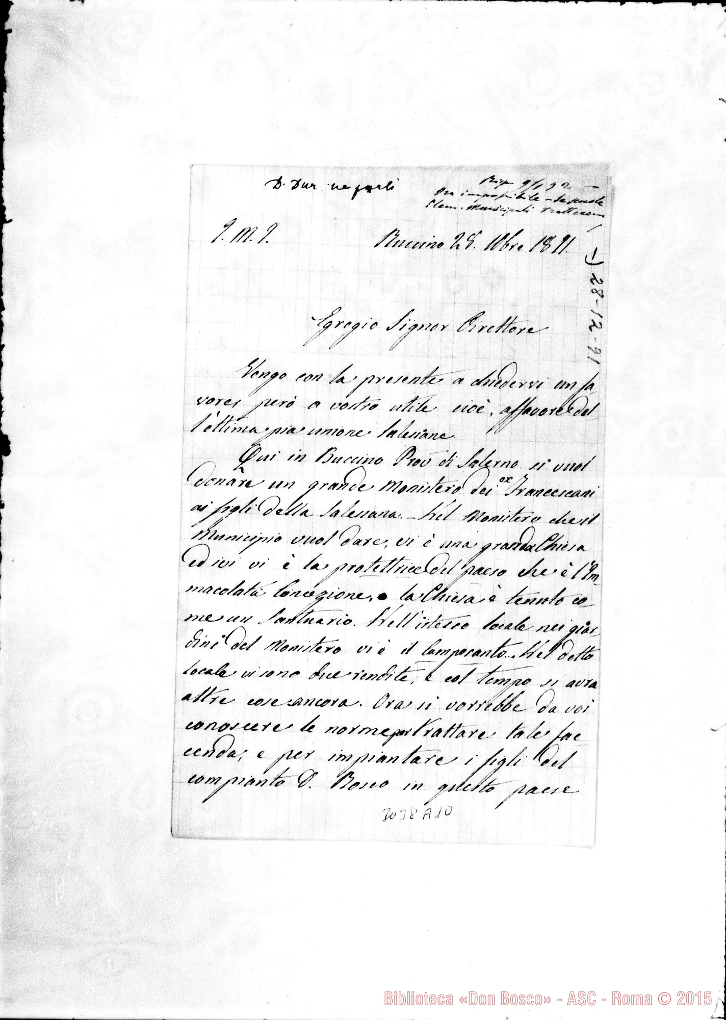 Fotogramma A 10 — Buccino: Mons. Michele Fernicola, arciv. - Direttore. Ott.1891. Autogr. Rua