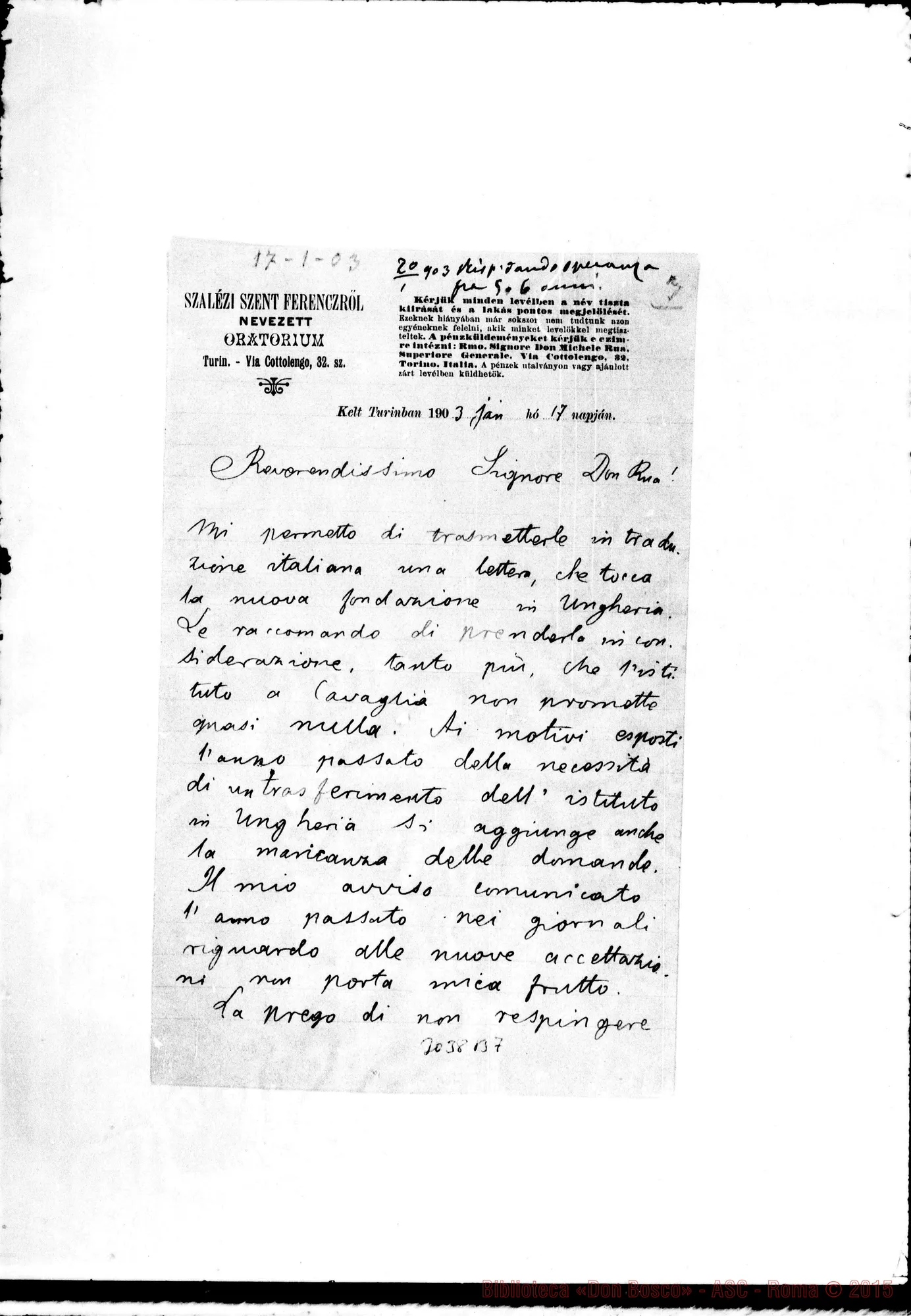 Fotogramma B 7 — Carlo Zaffery - D. Rua. Kelt Turinban, 3-01-1903. Autogr. Rua