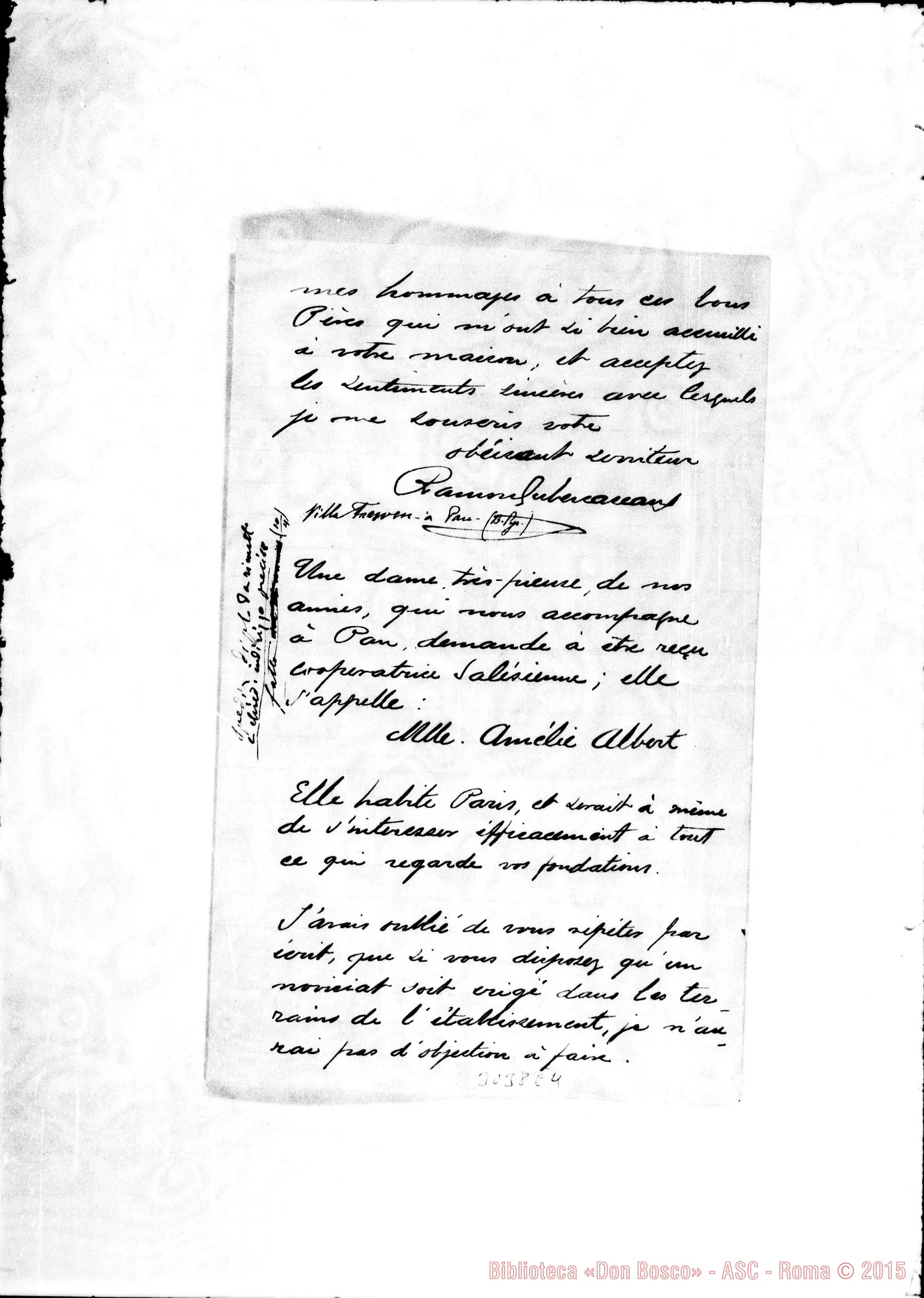Fotogramma E 4 — Buin: M.lle Amélie Albert - Très Révérend Père. Pau, 7-04-1889. Autogr. Rua