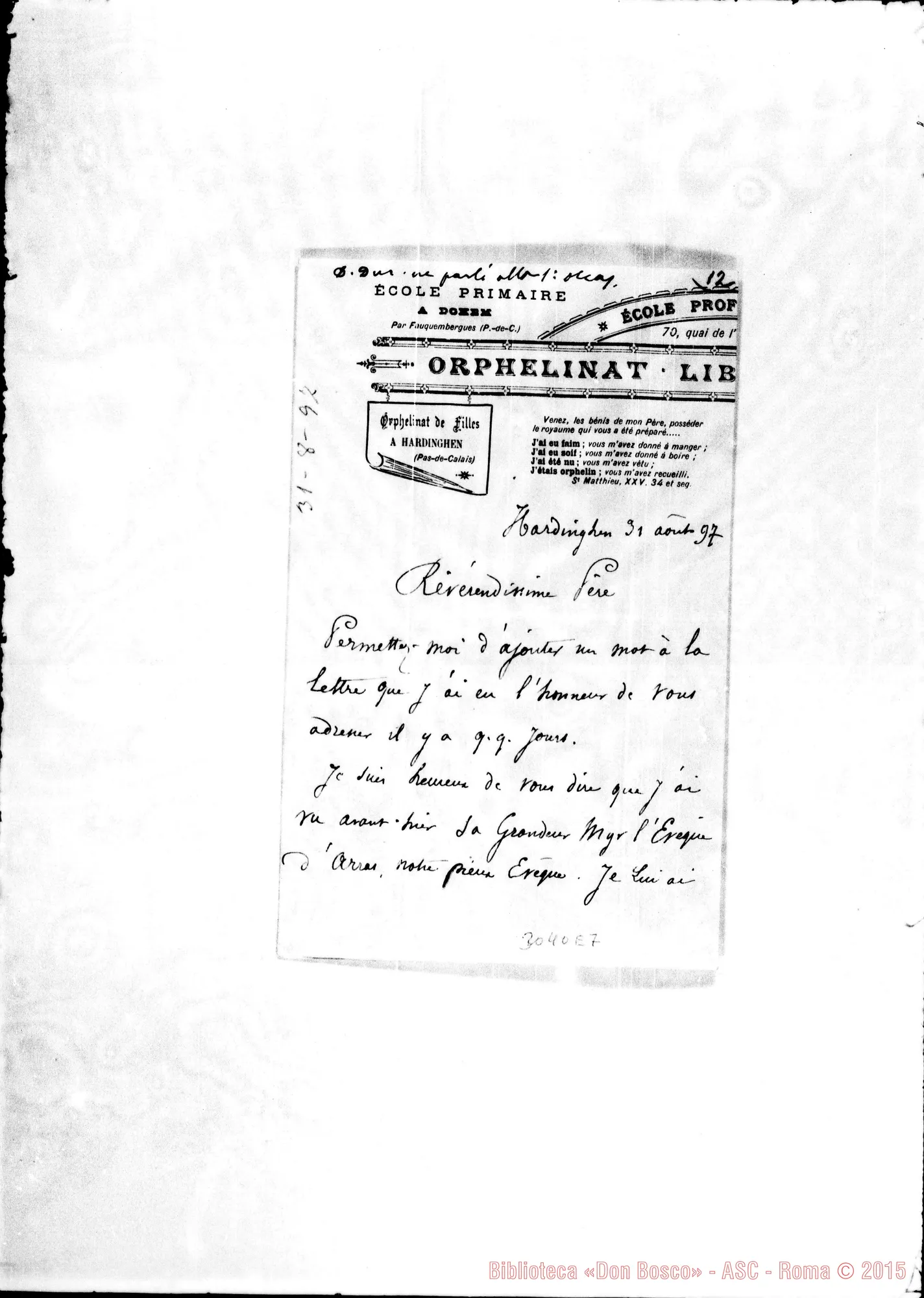 Fotogramma E 7 — Boudringhin, prêtre - Révérend Père. Hardinghen, 31-08-1897. Autogr. Rua