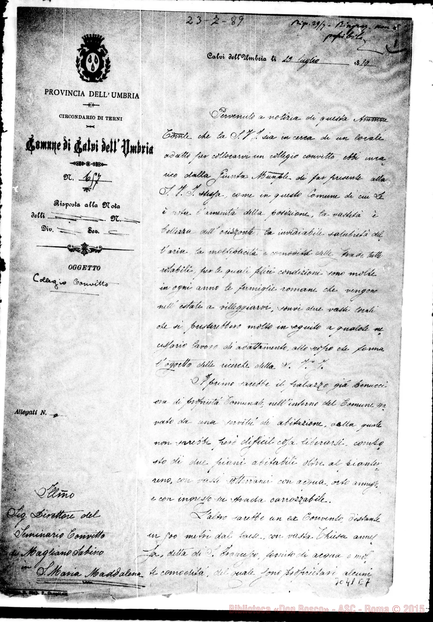 Fotogramma E 7 — Calvi: Sindaco di Calvi - Direttore di Magliano Sabina. Calvi, 23-07-1889