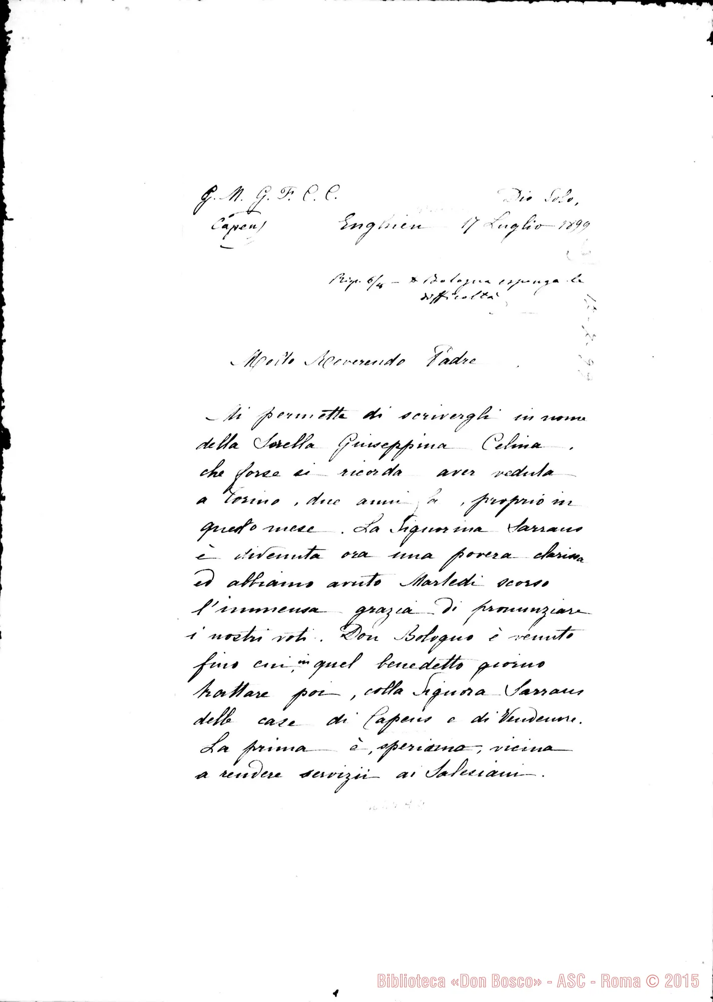 Fotogramma A 4 — Capens: Sr. Marie Emmanuel - Molto Rev.do Padre. Enghien, 17-07-1899