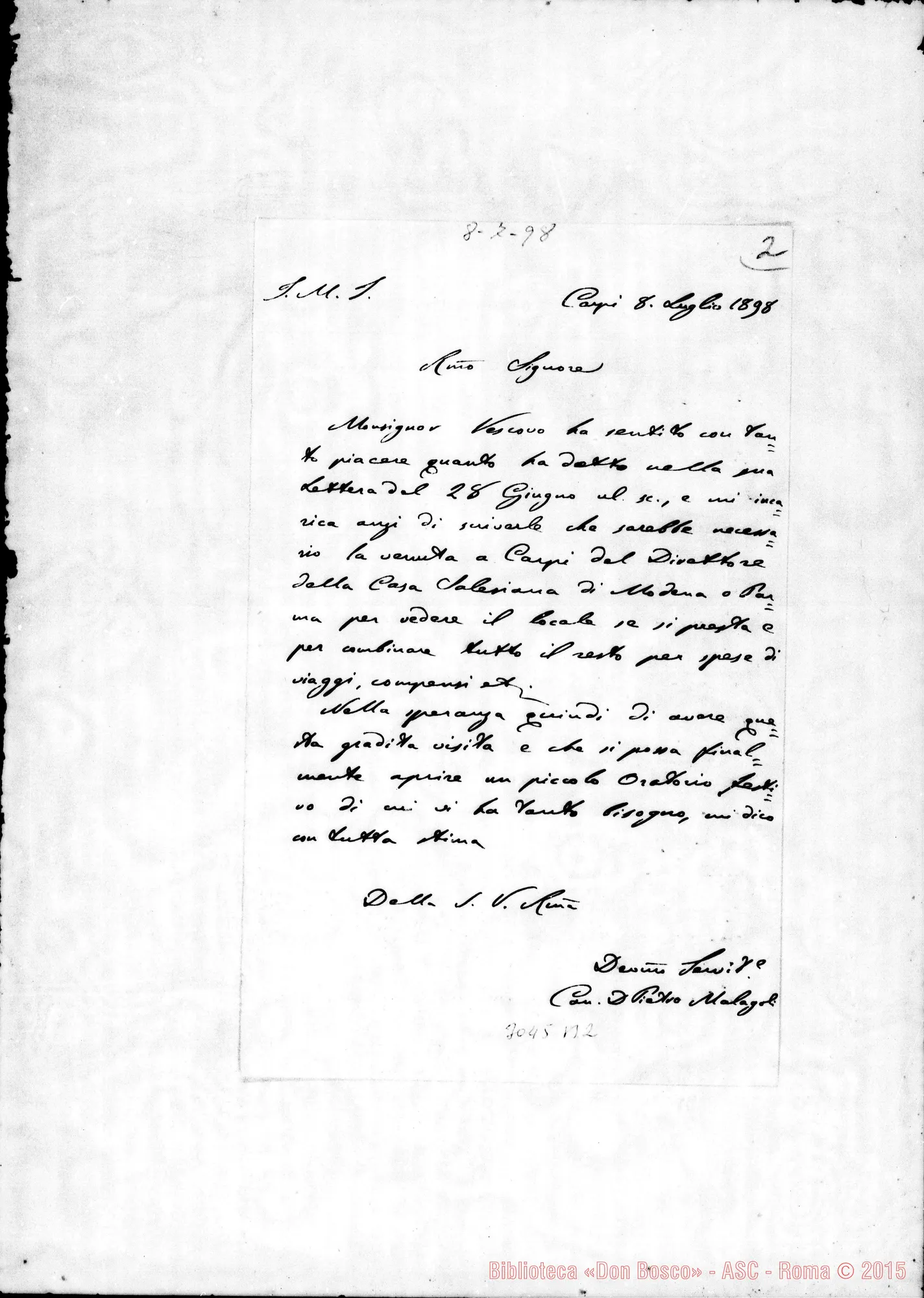 Fotogramma B 2 — Can. D. Pietro Malagoli - Rev.do Signore. Carpi, 8-07-1898