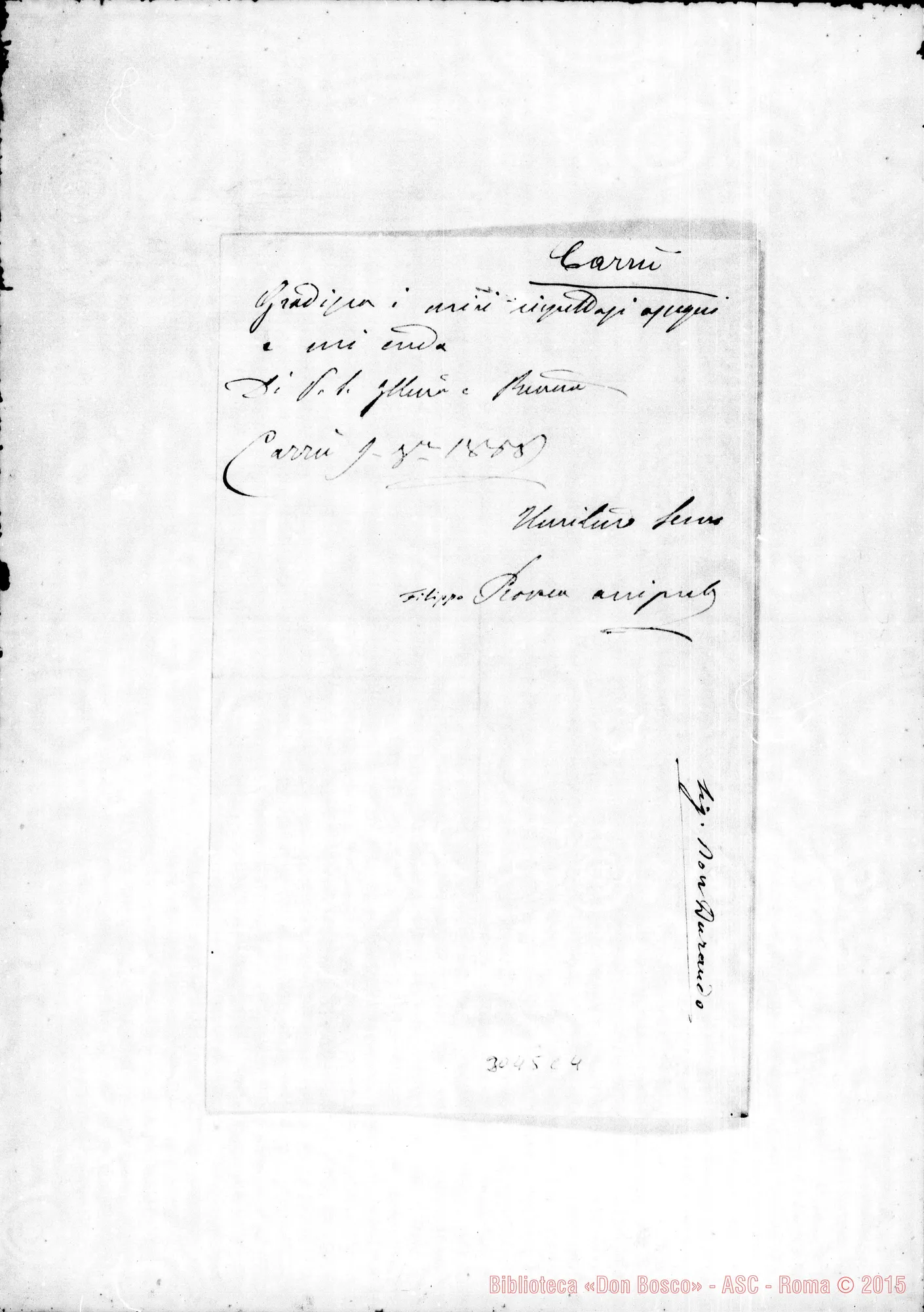 Fotogramma C 4 — Carrù: Provea D. Filippo, arciprete - Rev.mo Signore. Ago. 1888. Autogr. Rua