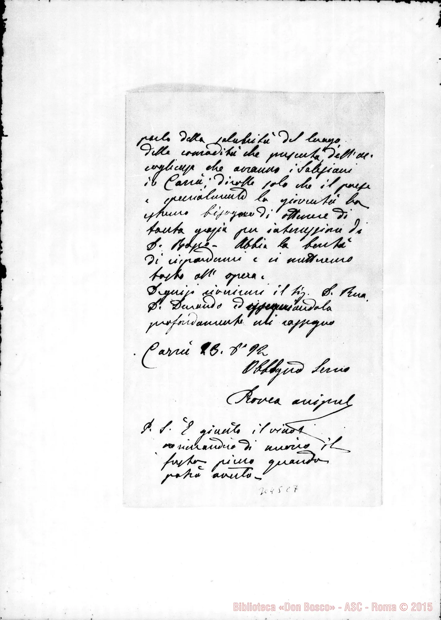 Fotogramma C 7 — Provea D. Filippo, arciprete - Rev.mo Signore. Ago.1892. Autogr. Rua