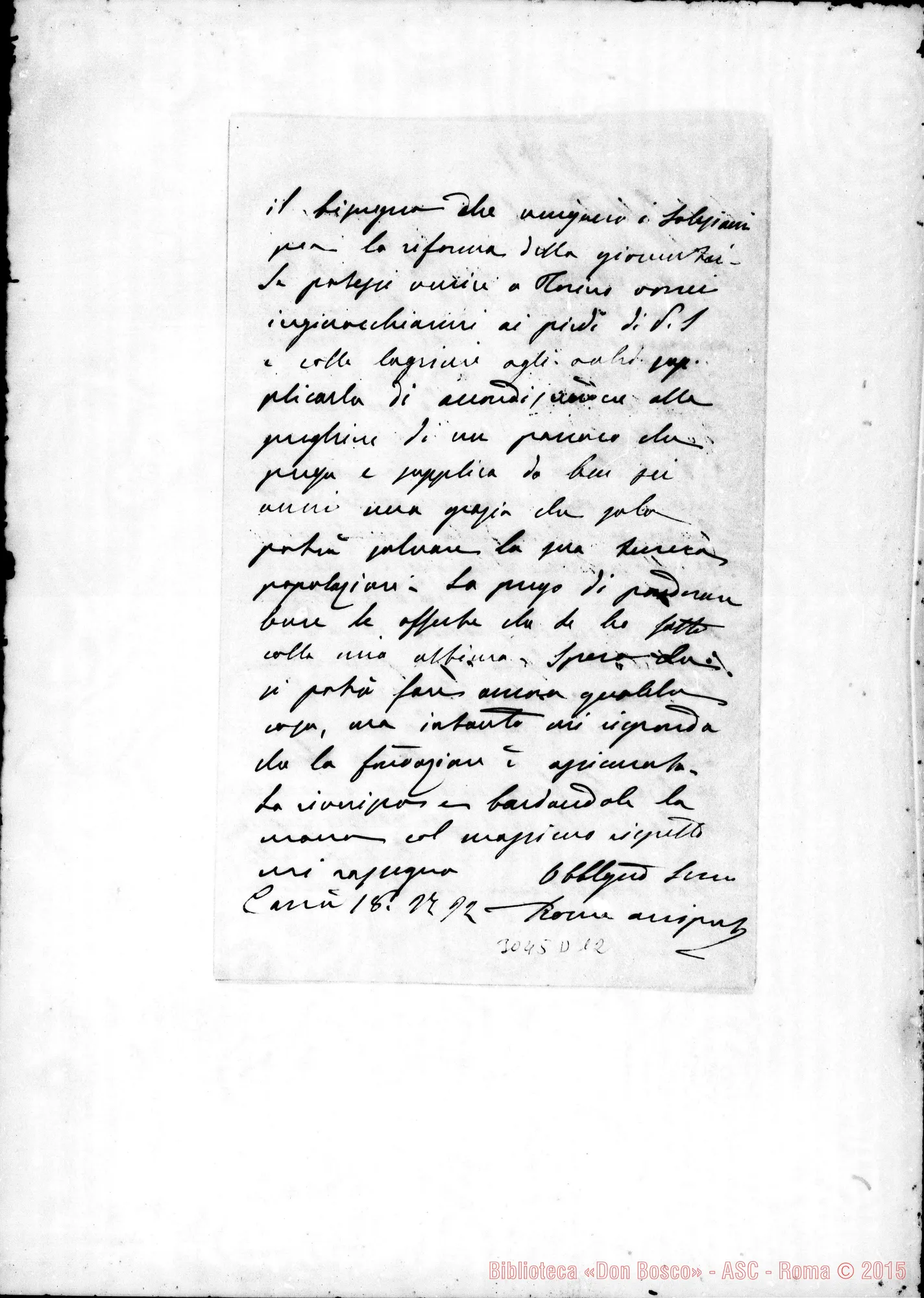 Fotogramma D 12 — Provea D. Filippo, arciprete - Rev.mo Signore. Nov.1892. Autogr. Rua
