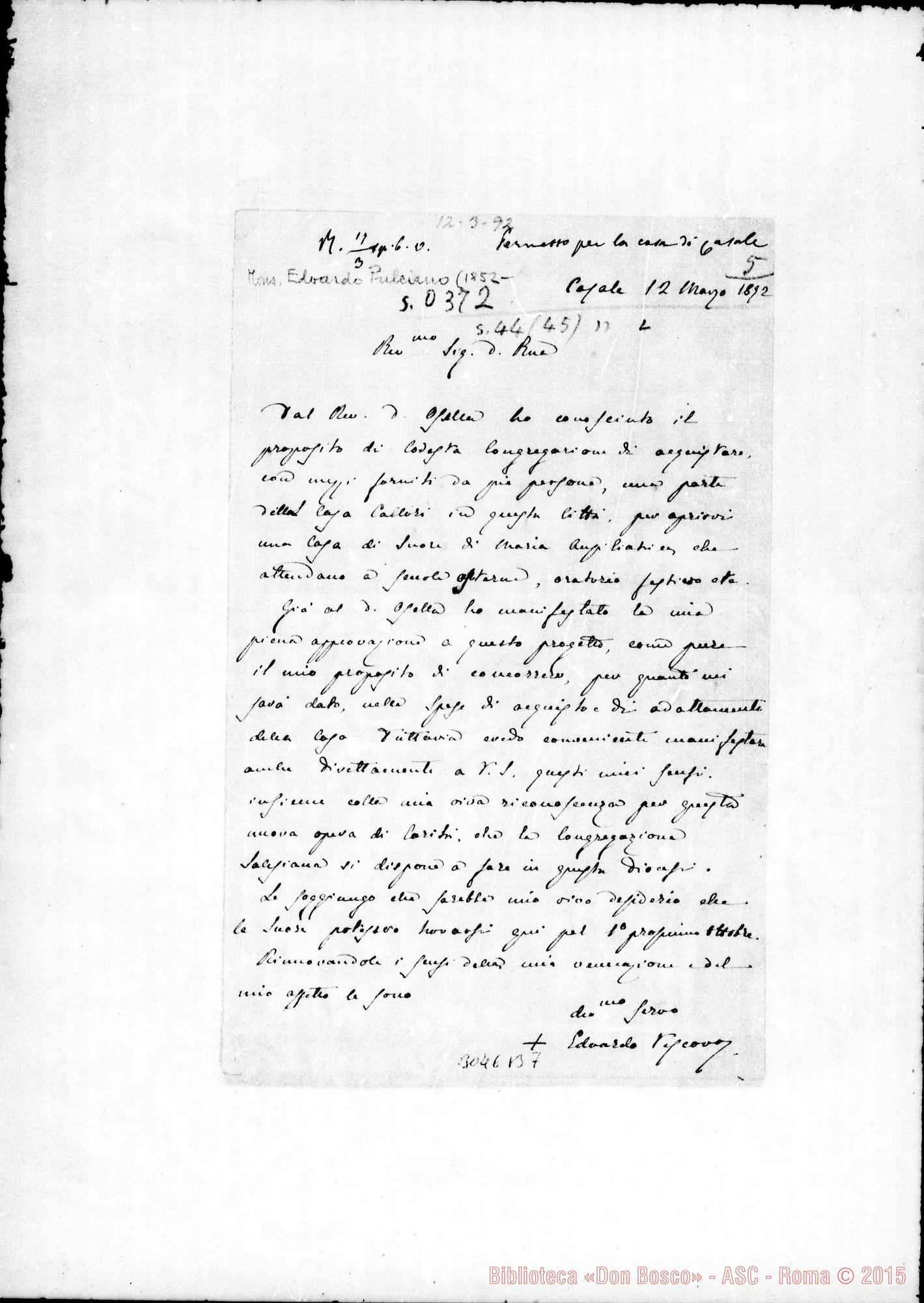 Fotogramma B 7 — Casale: Edoardo Pulciano, vesc. di Casale - D. Rua. Mar. 1892. Autogr. Rua