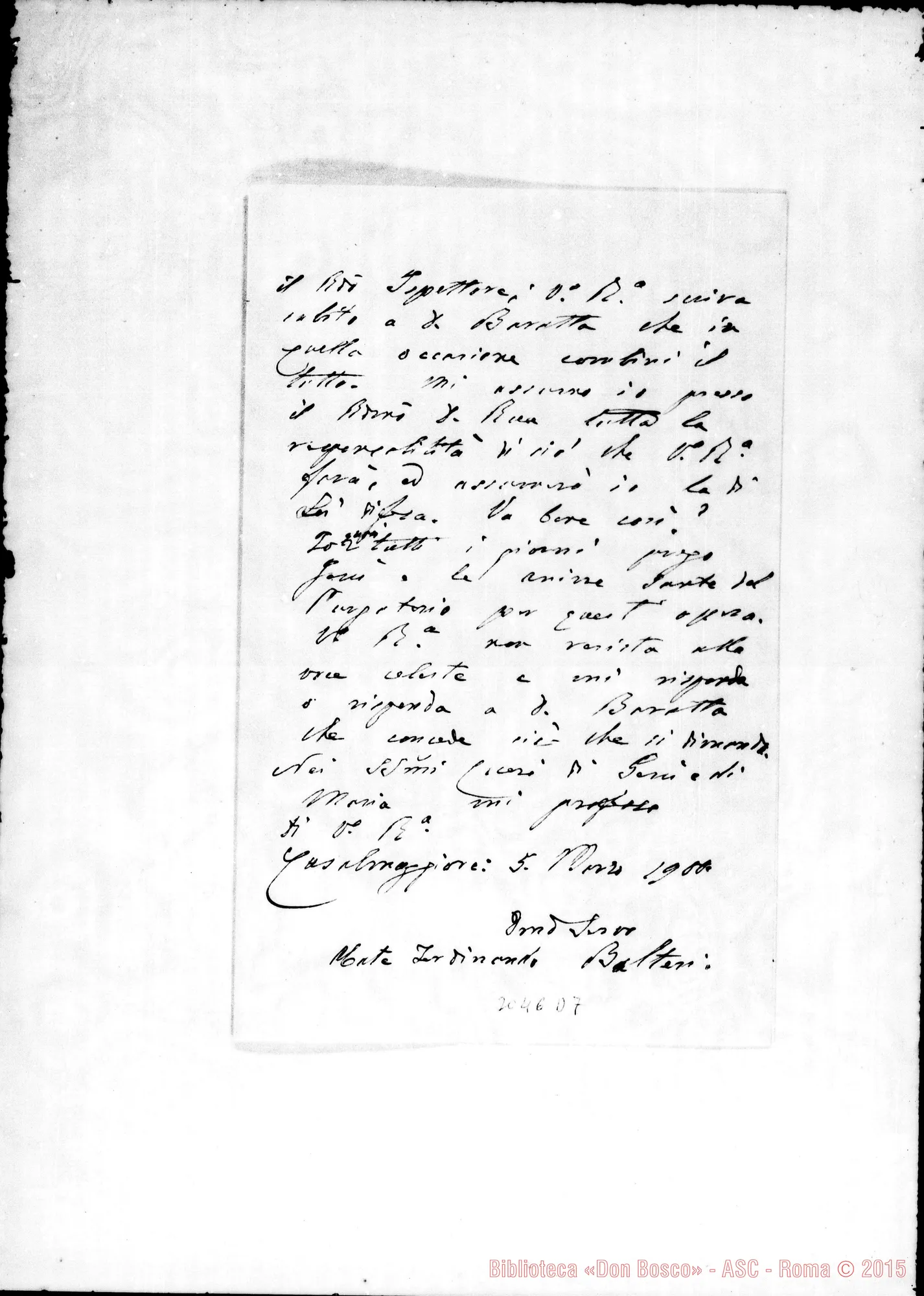 Fotogramma D 7 — Balteri Ferdinando, abate mitrato - D. Durando. Casalmaggiore, 5-03-1900