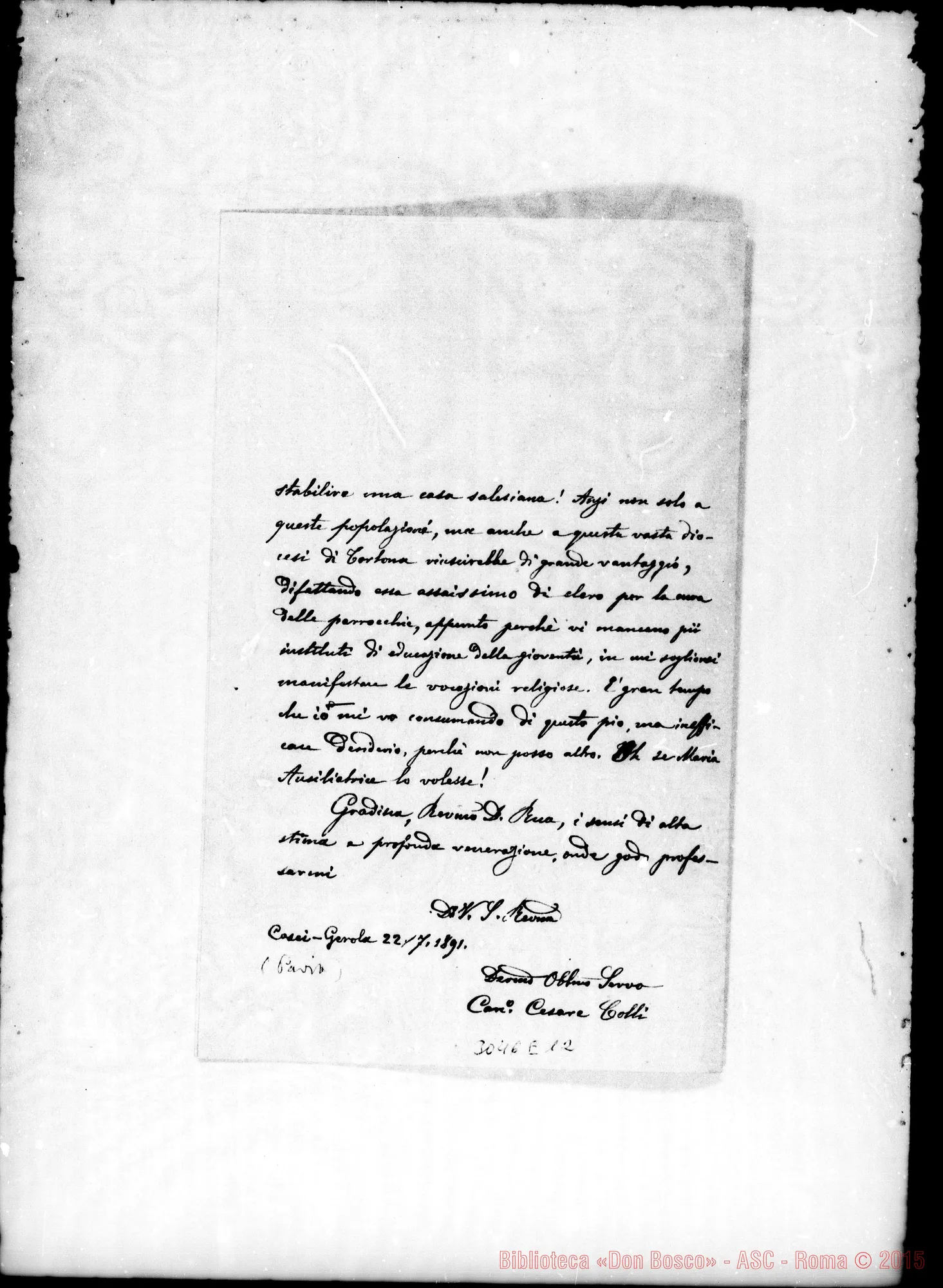Fotogramma E 12 — Casei-Gerola: Canonico Cesare Colli - D. Rua. Casei, 22-07-1891