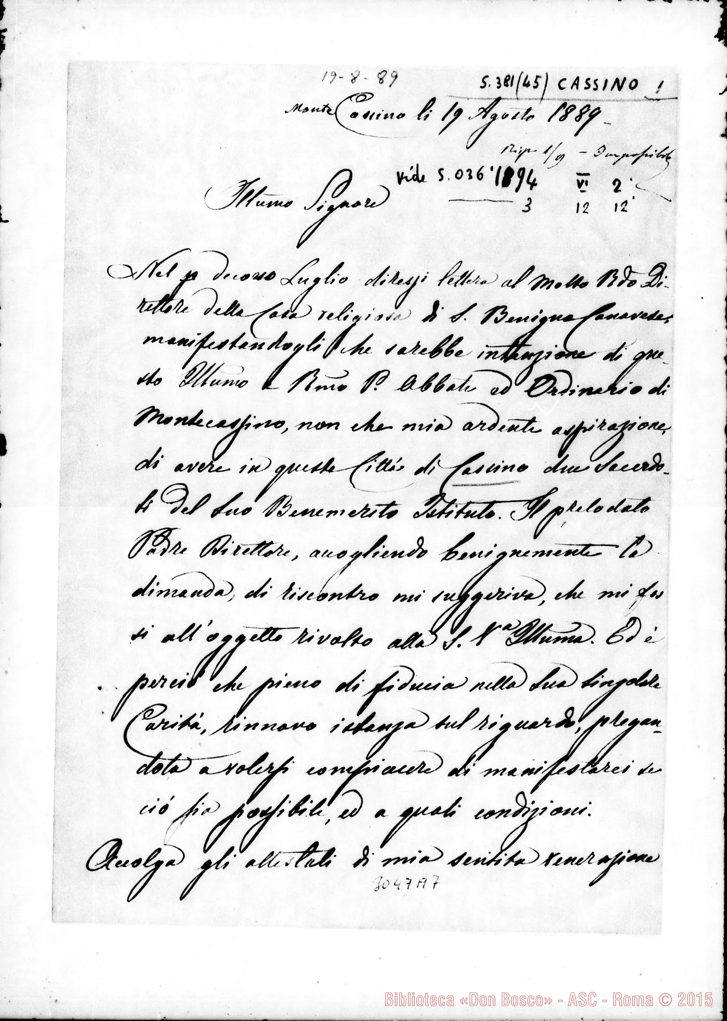 Fotogramma A 7 — Cassino: Angelo Manna, parroco - Ill.mo Signore. Cassino, 19-08-1889