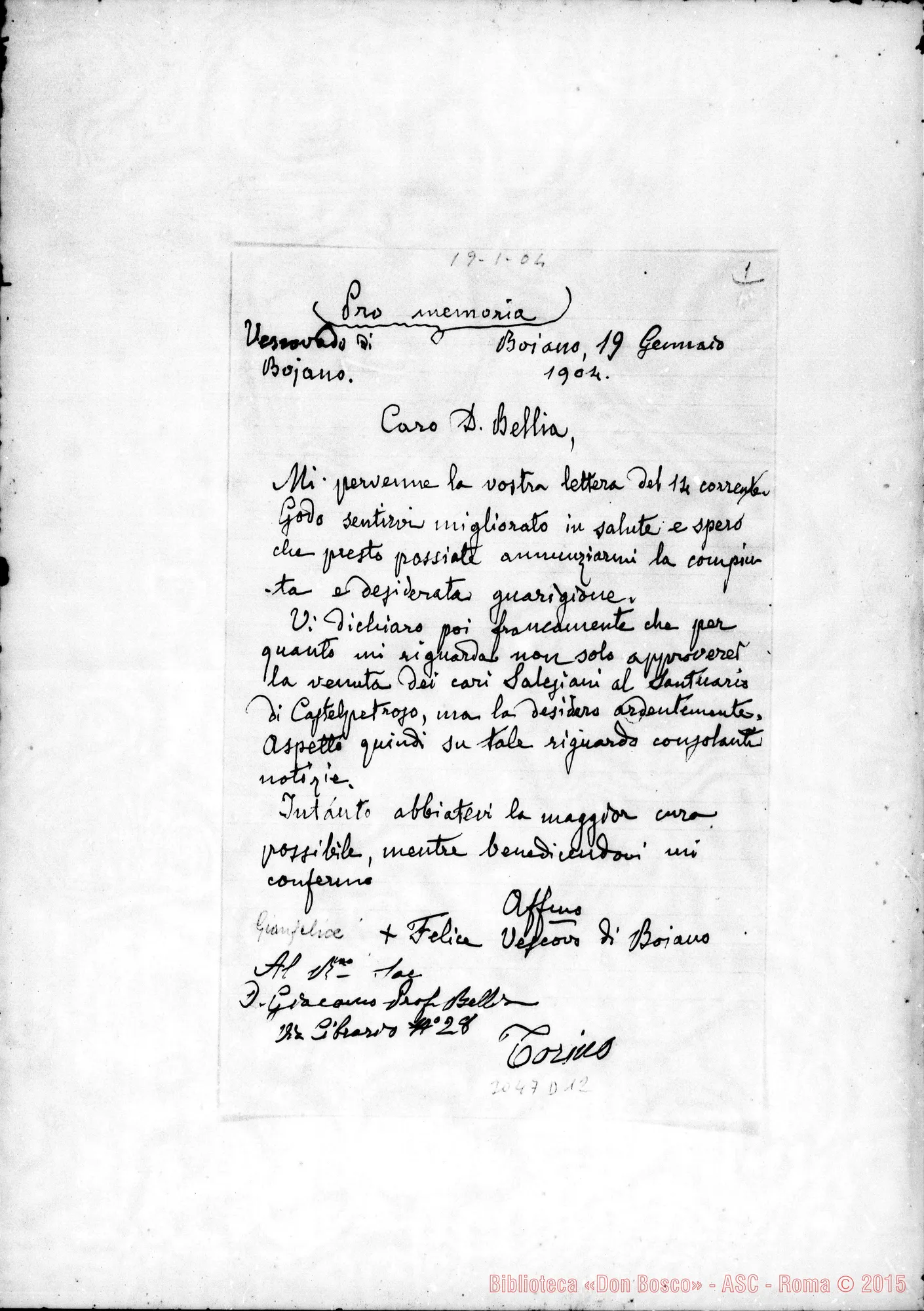Fotogramma D 12 — Castelpetroso: Gianfelice felice, vesc. di Boiano - D. Bellia. Boiano, 19-01-1904