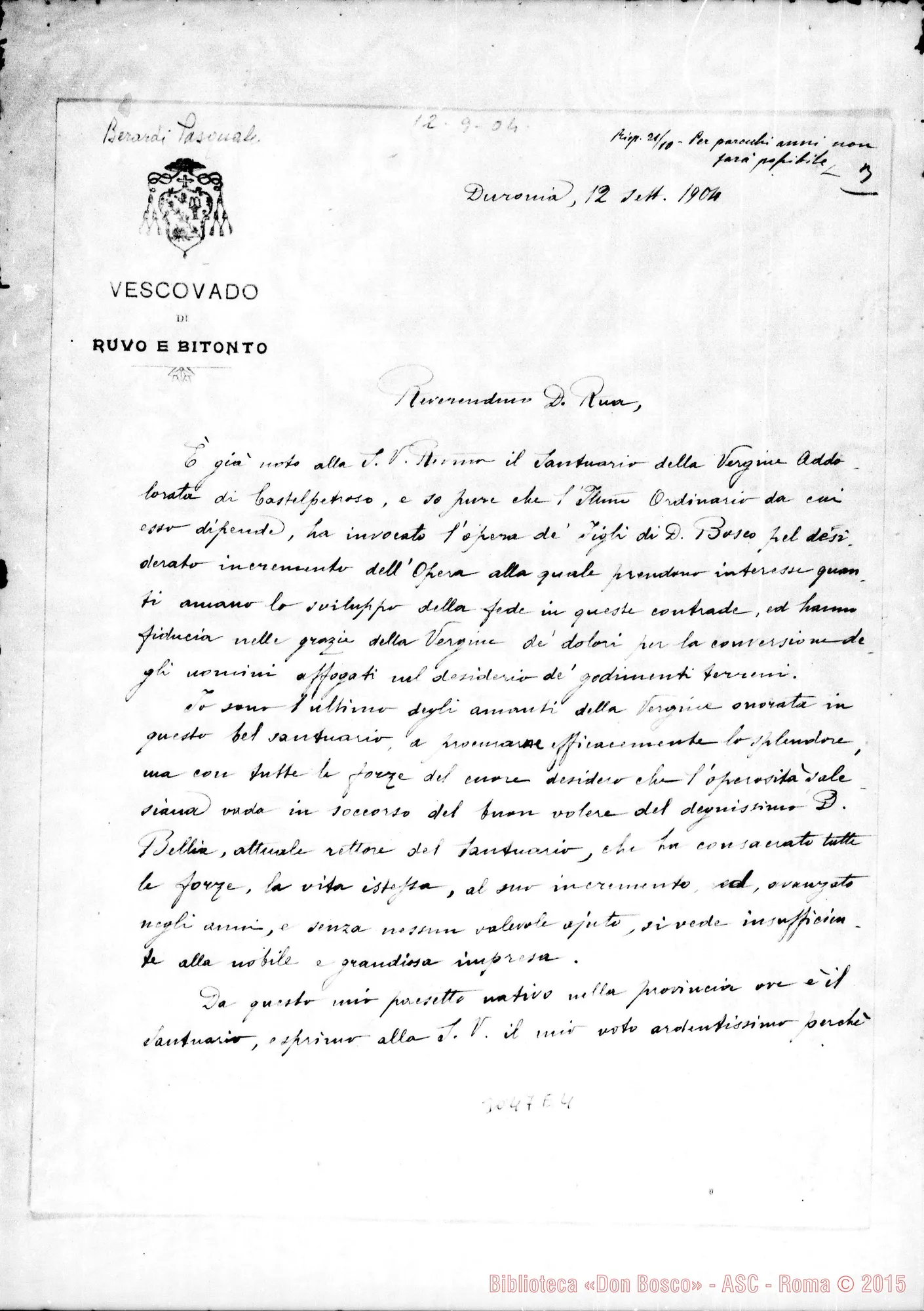 Fotogramma E 4 — Berardi Pasquale, vesc. di Ruvo - D. Rua. Duronia, 12-09-1904