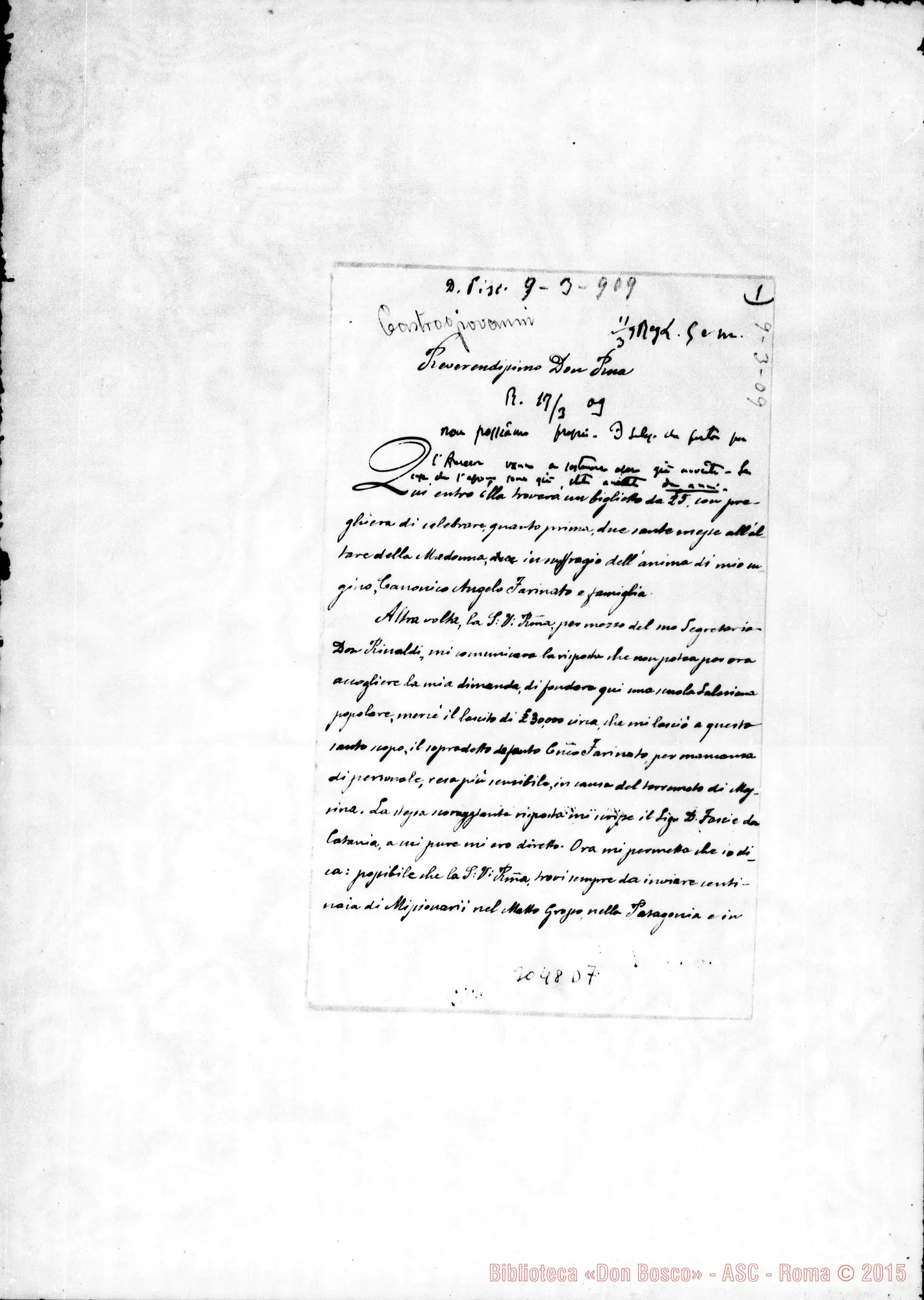 Fotogramma D 7 — Castrogiovanni: Farinato Albino, coop. - D. Rua. Mar. 1909. Autogr. Rua