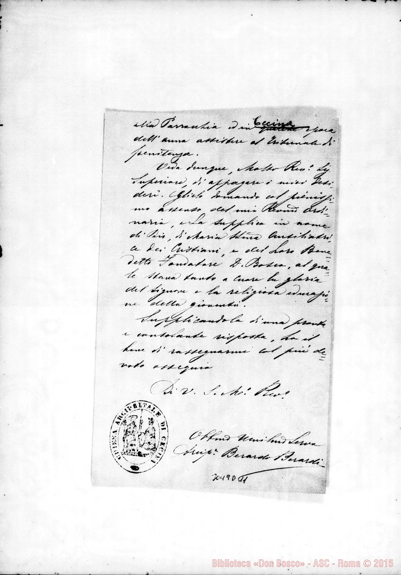 Fotogramma D 11 — Cecina: Arciprete Berardo Berardi - Rev.mo Signore. Lug.1888. Autogr. Rua