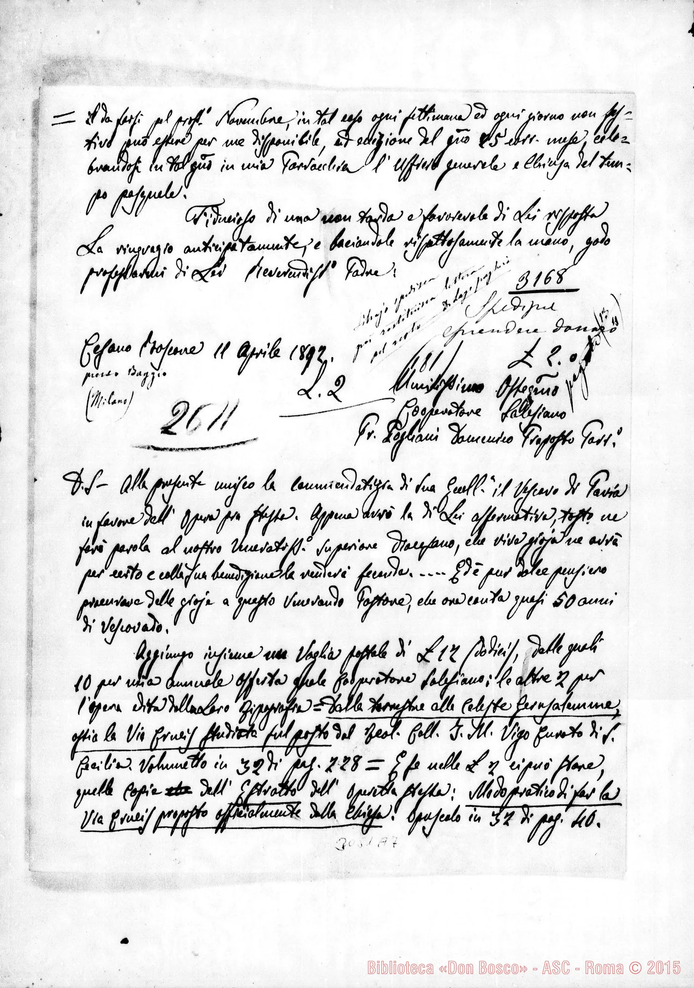 Fotogramma A 7 — Pogliani D. Domenico, parroco - Rev.mo Padre. Cesano, 11-04-1892