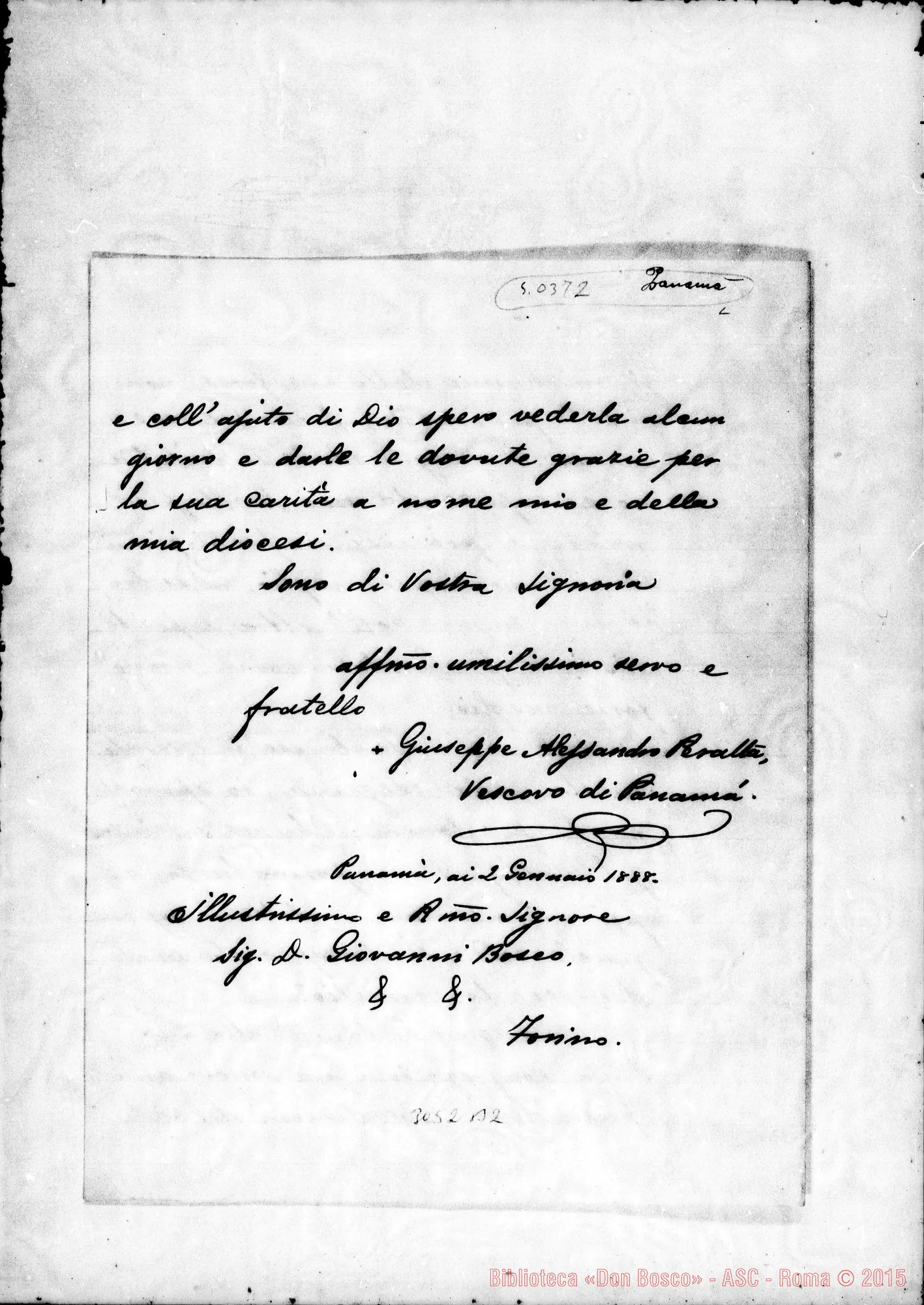 Fotogramma B 2 — Chiriqui: Giuseppe Alessandro Peralta, vesc. Panamá - Signore. Panamá, 2-01-1888