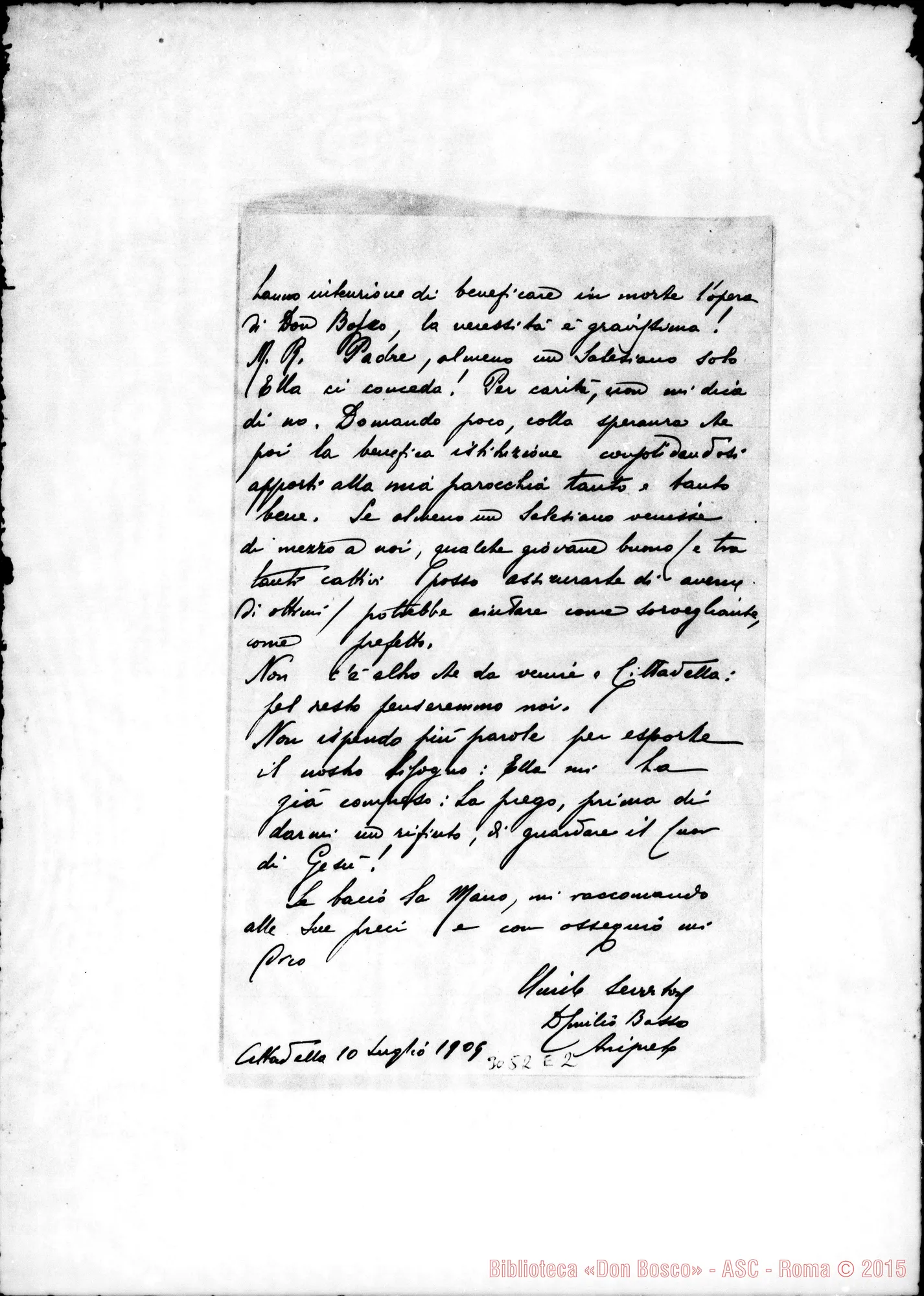 Fotogramma E 2 — Basso D. Emilio - Rev.do Signore. Cittadella, 10-07-1909