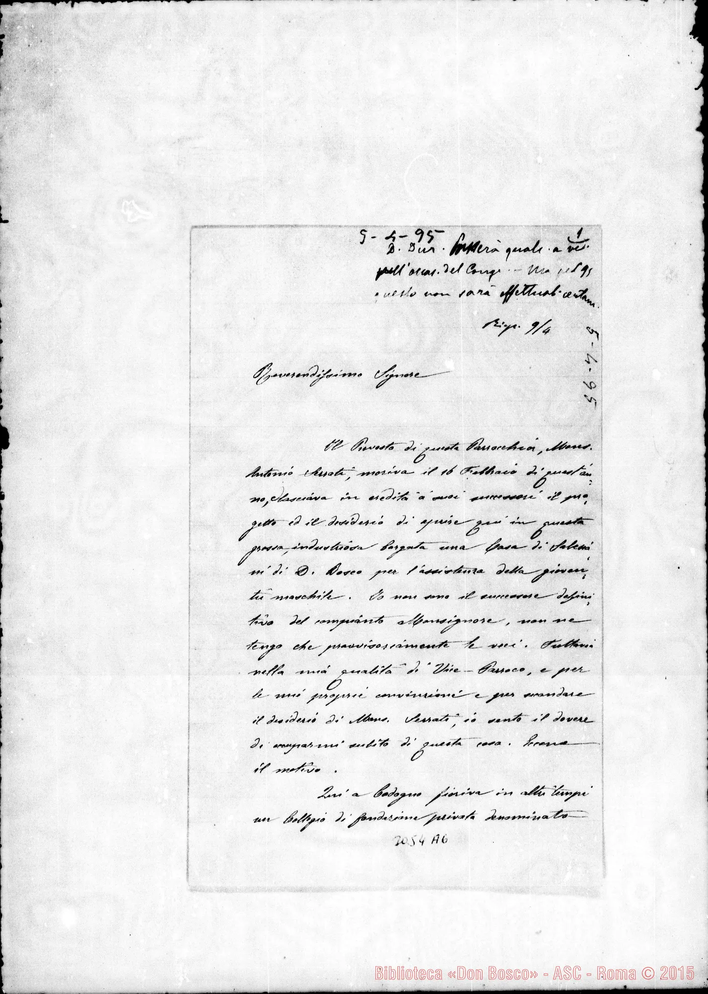 Fotogramma A 6 — Giovanni Comizzoli, sac. - D. Rua, 5-04-1895. Autogr. Rua