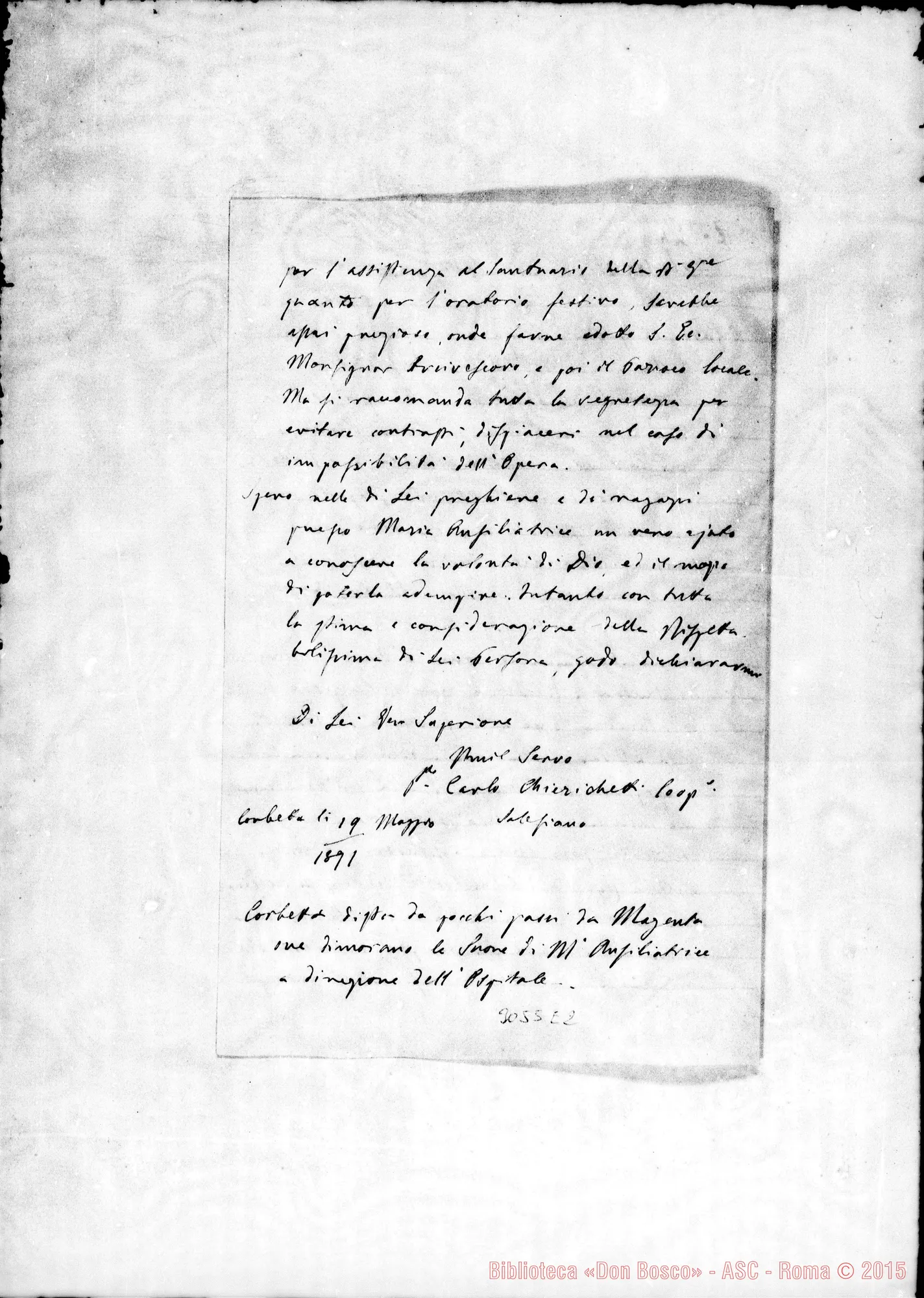 Fotogramma E 2 — Corbetta: Carlo Chierichetti, coop. - Rev.mo Superiore. Corbetta, 19-05-1891