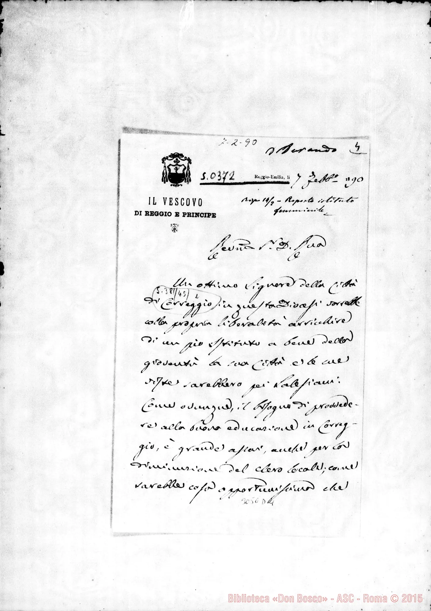 Fotogramma D 4 — Vincenzo Manicardi, vesc. di Reggio - D. Rua. Reggio, 7-02-1890