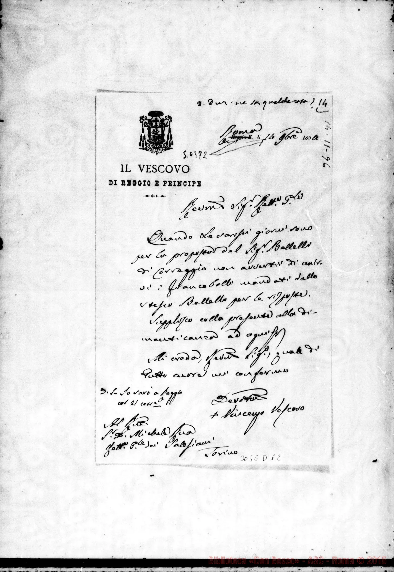 Fotogramma D 12 — Vincenzo Manicardi, vesc. - D. Rua. Roma, 14-11-1896. Autogr. Rua