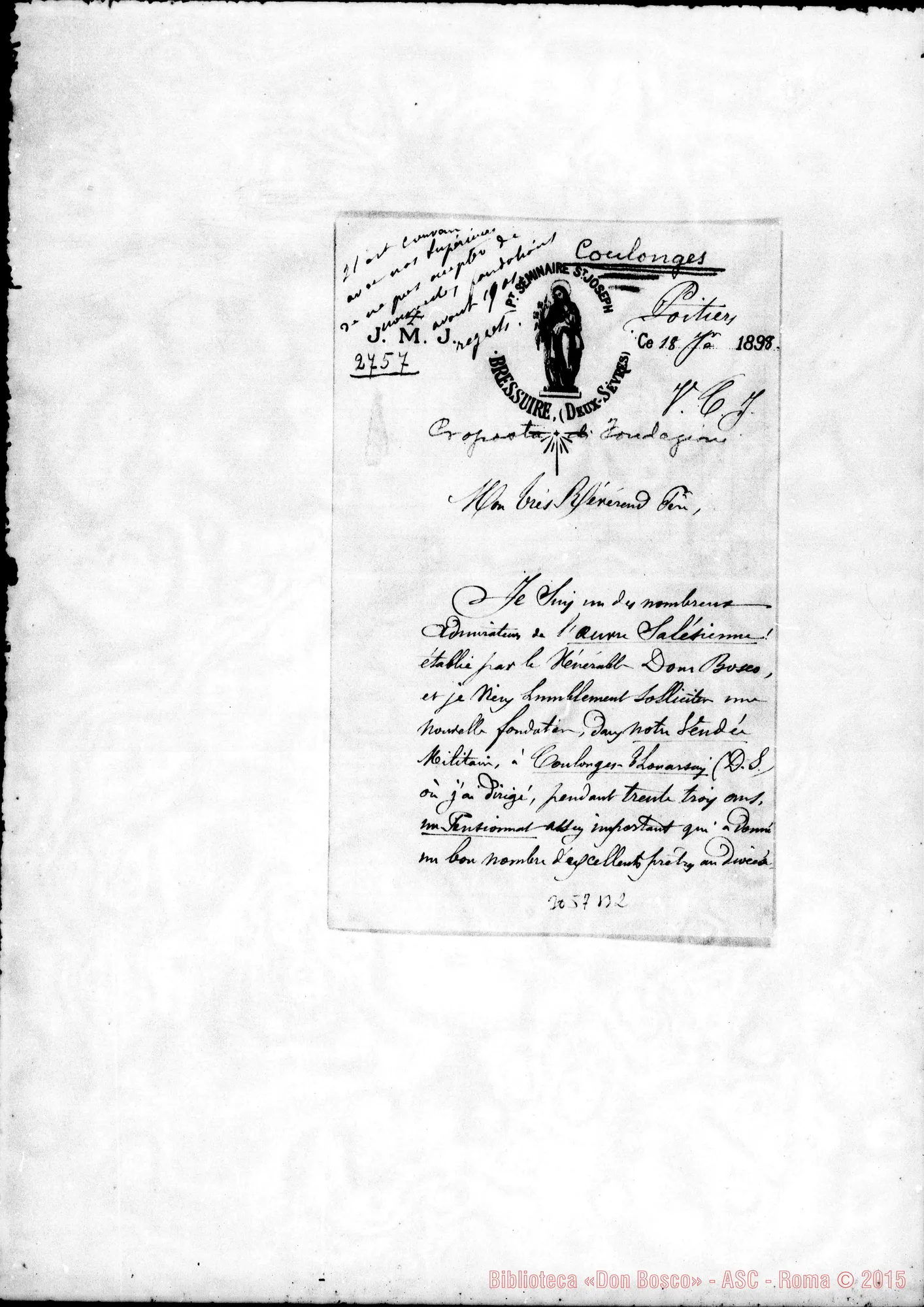 Fotogramma B 2 — Coulonges: J. Coutault - Révérend Pére. Poitiers, 18-01-1898