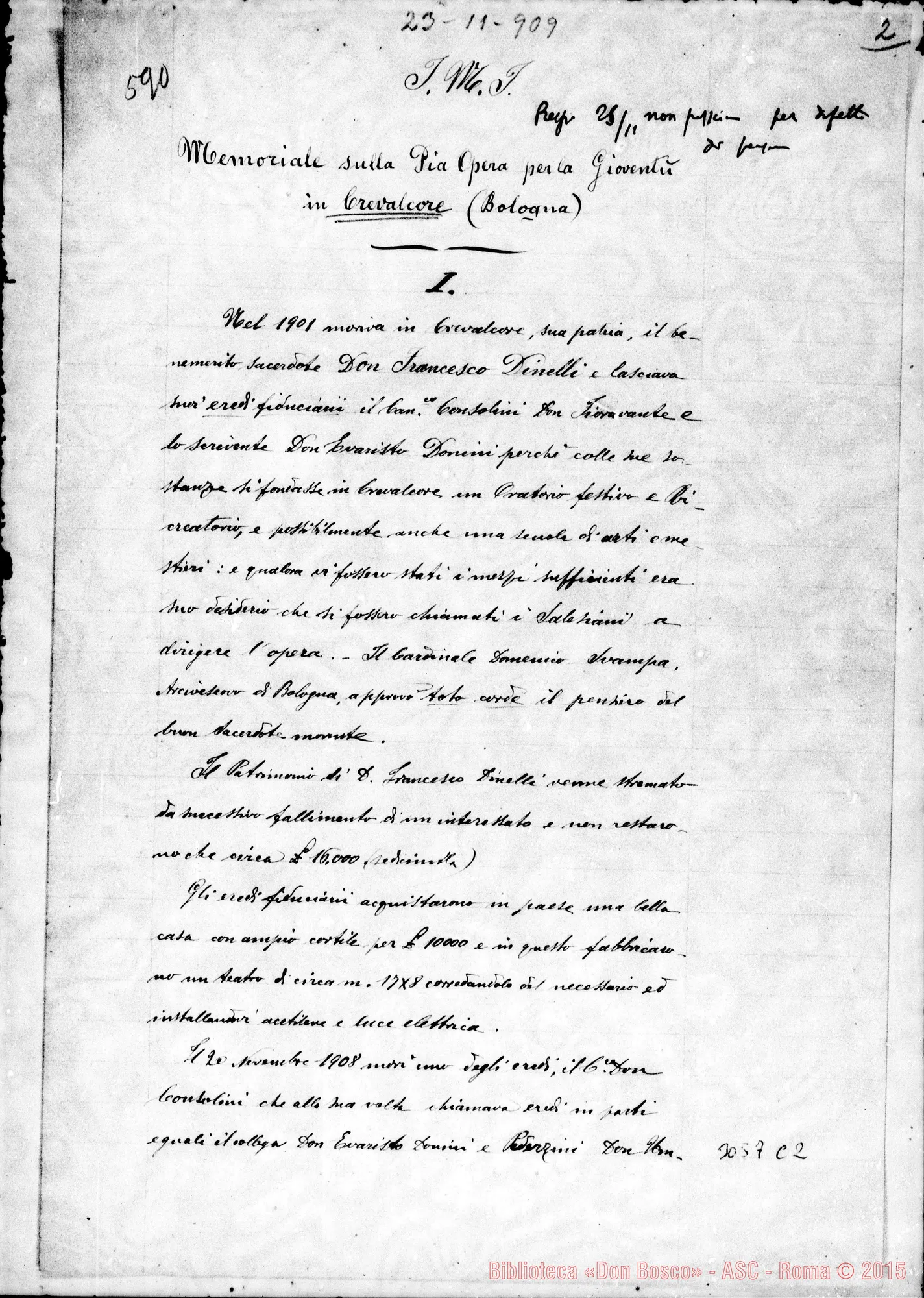 Fotogramma C 2 — Crevalcore: D. Evaristo Donini: Memoriale sulla Pia Opera per la Gioventù