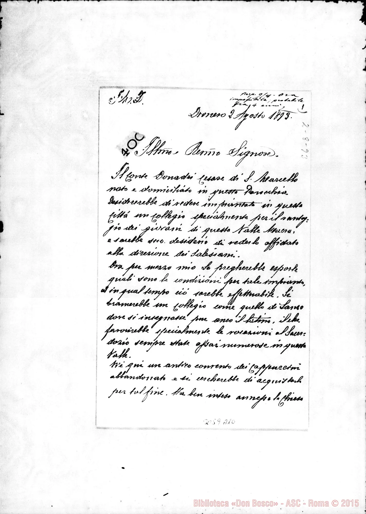 Fotogramma A 10 — Dronero: D. Bernardo Mattio, arciprete - Rev.mo Sig.. Dronero, 2-08-1893