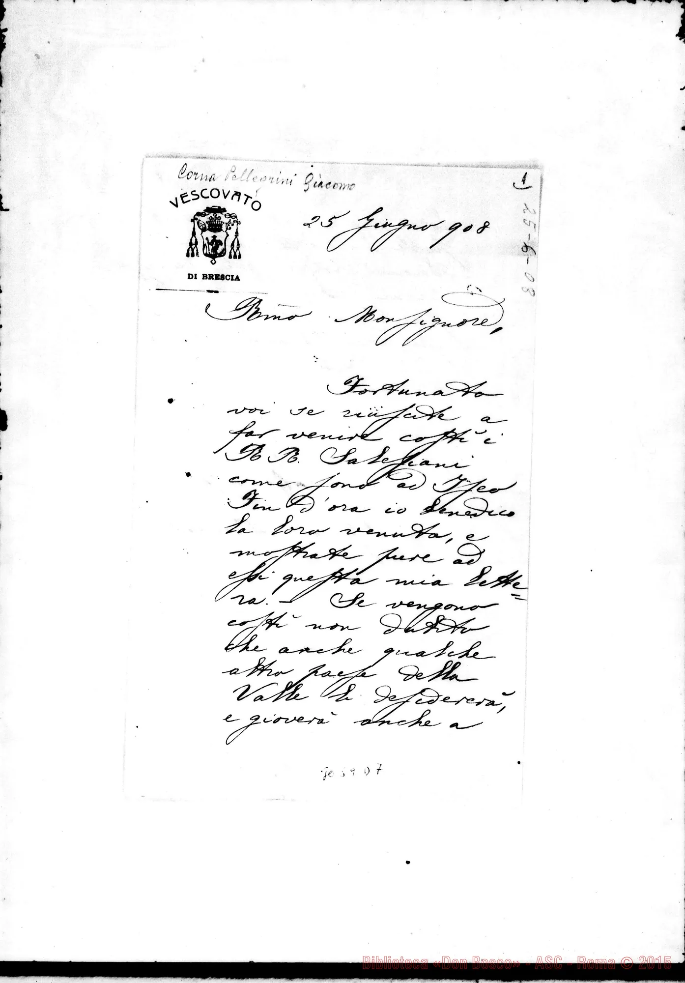 Fotogramma D 7 — Edolo: Corna Pellegrini Giacomo, vesc. di Brescia - Signore. Brescia, 25-06-1908