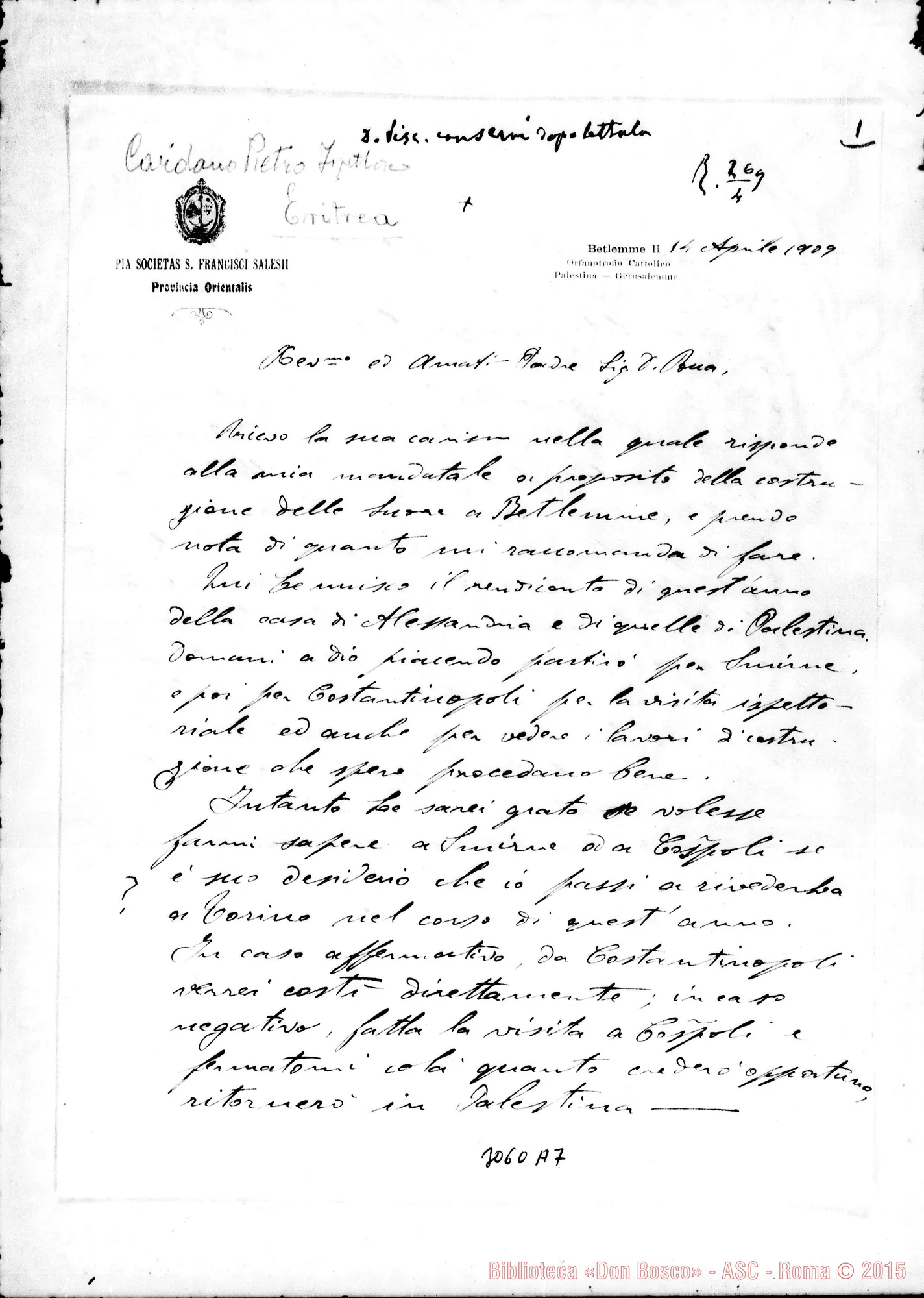 Fotogramma A 7 — Eritrea: Cardano Pietro, SDB - D. Rua. Betlemme, 14-04-1909. Autogr. Rua